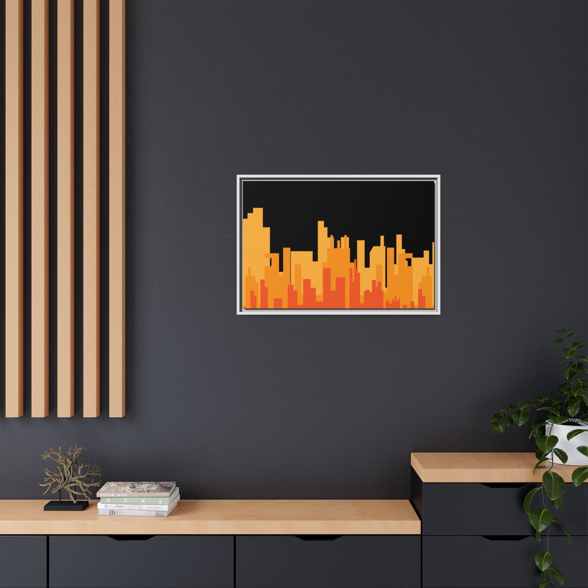 City Skyline Matte Canvas Print — Modern Pixelated Orange Urban Art (Framed)