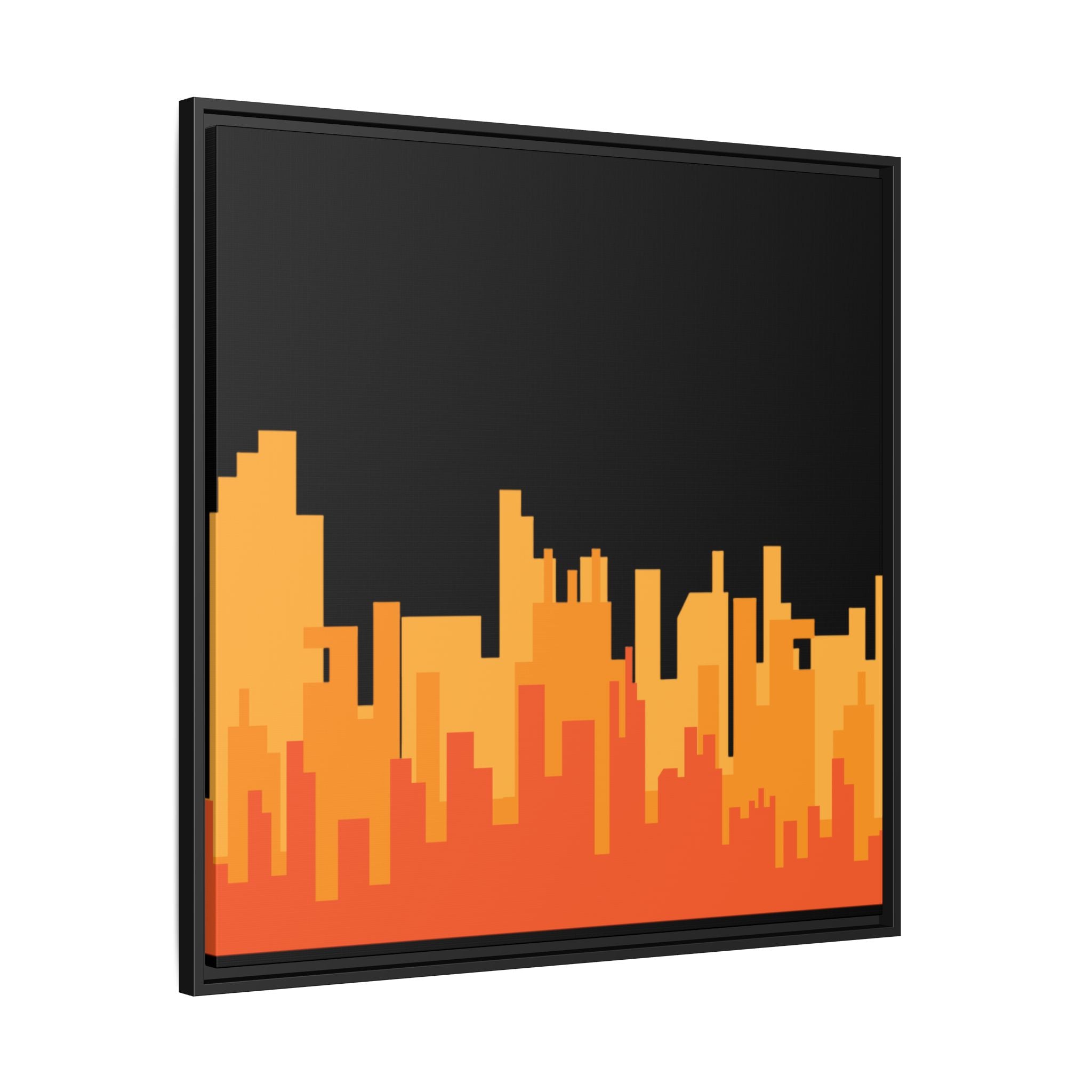 City Skyline Matte Canvas Print — Modern Pixelated Orange Urban Art (Framed)