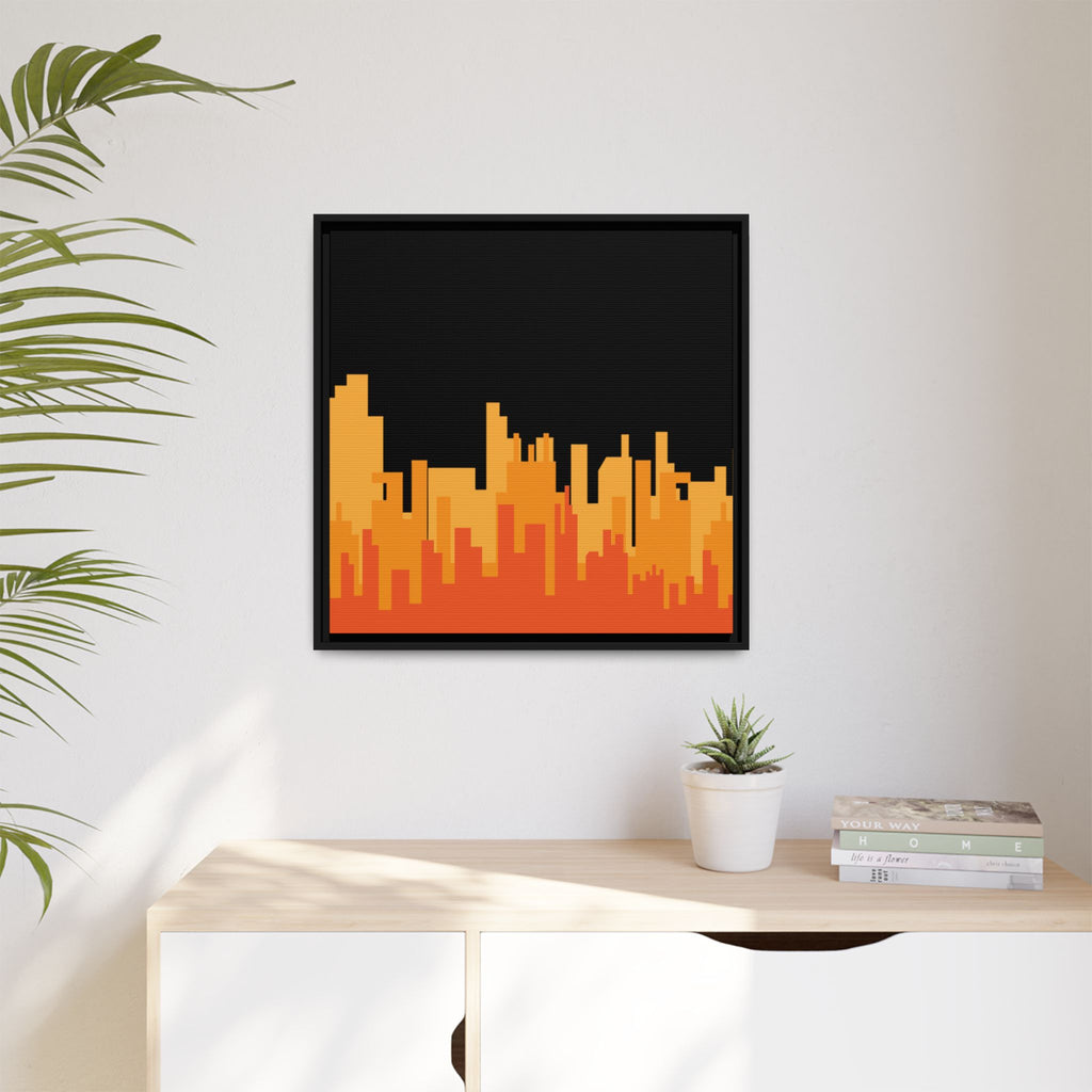City Skyline Matte Canvas Print — Modern Pixelated Orange Urban Art (Framed)