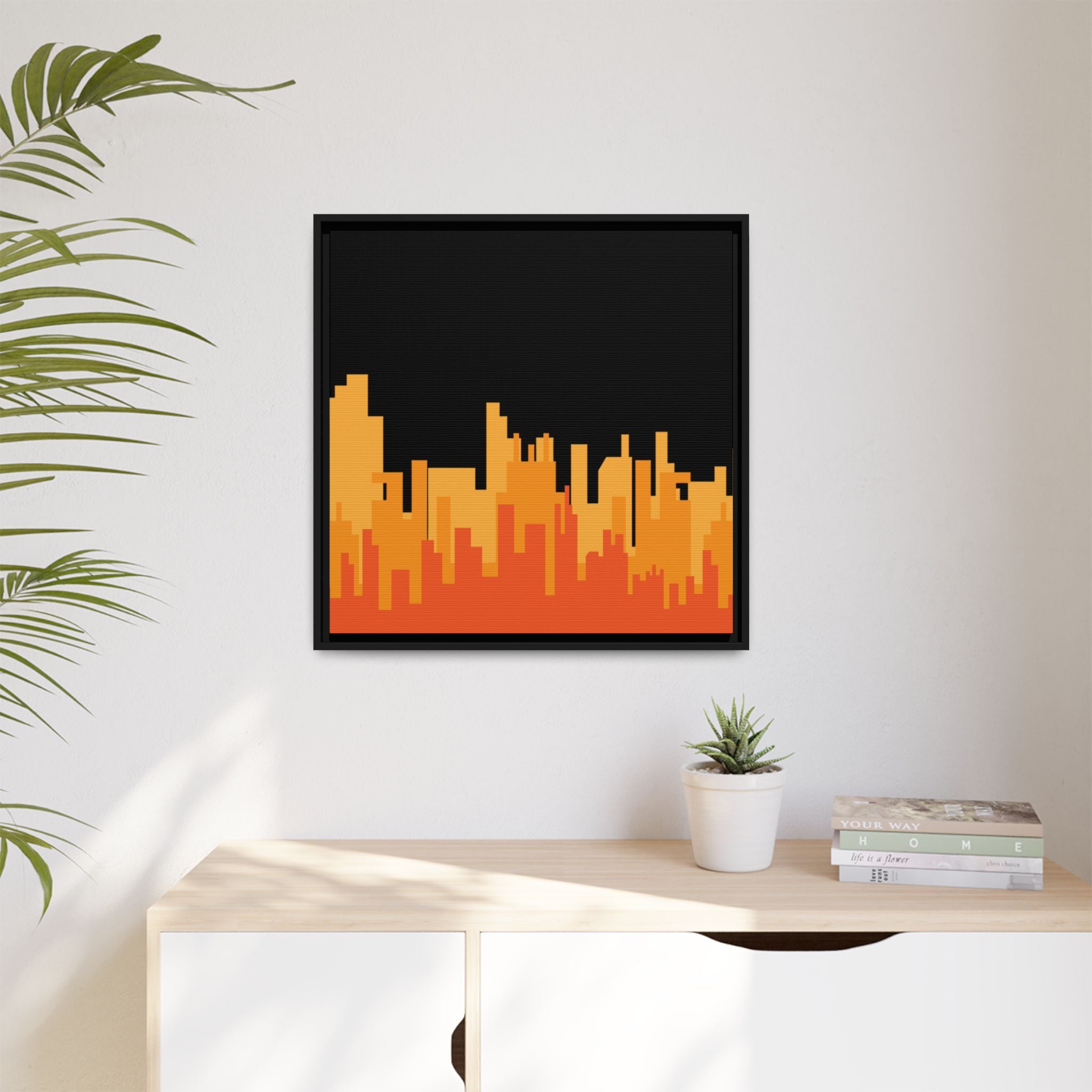 City Skyline Matte Canvas Print — Modern Pixelated Orange Urban Art (Framed)