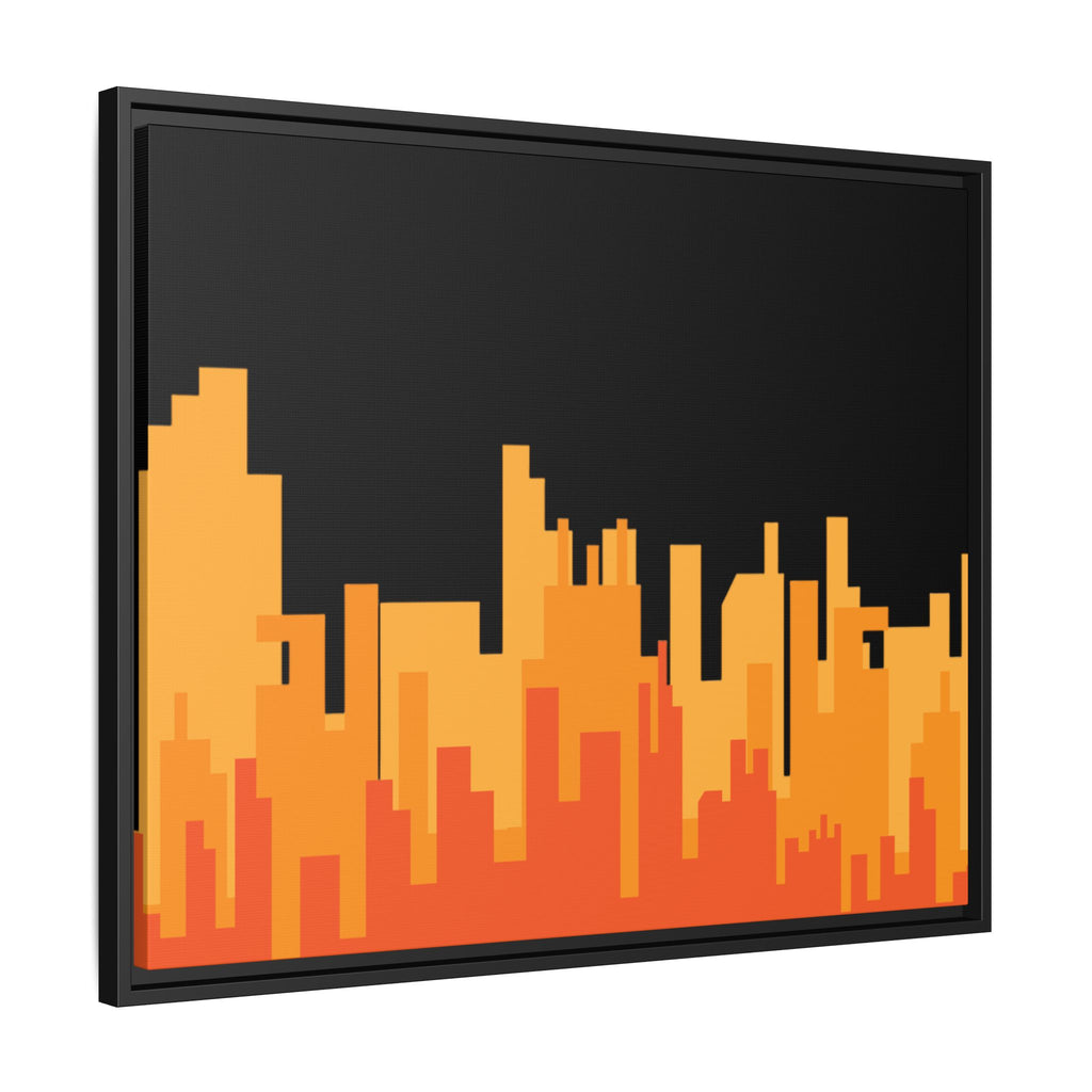 City Skyline Matte Canvas Print — Modern Pixelated Orange Urban Art (Framed)