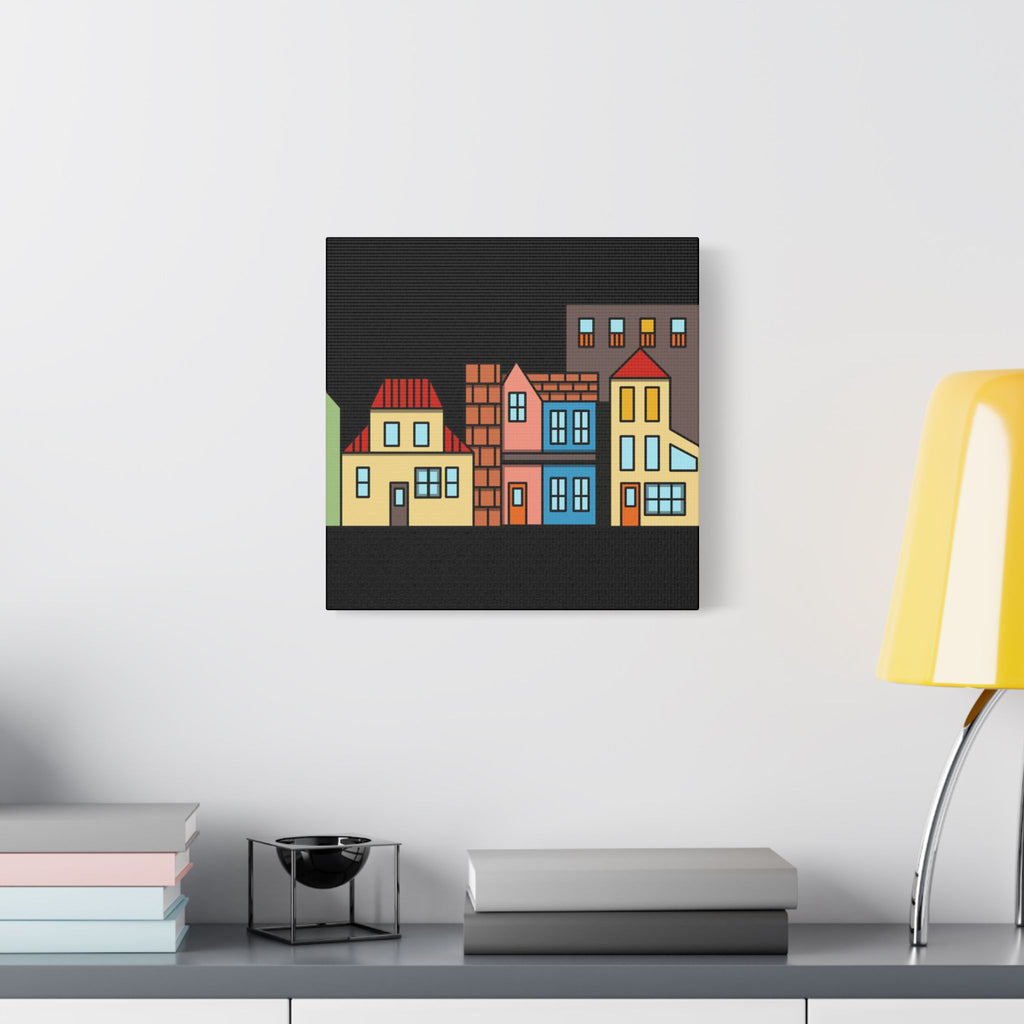 Colorful Row Houses Satin Canvas Wall Art — Stretched Cityscape Print
