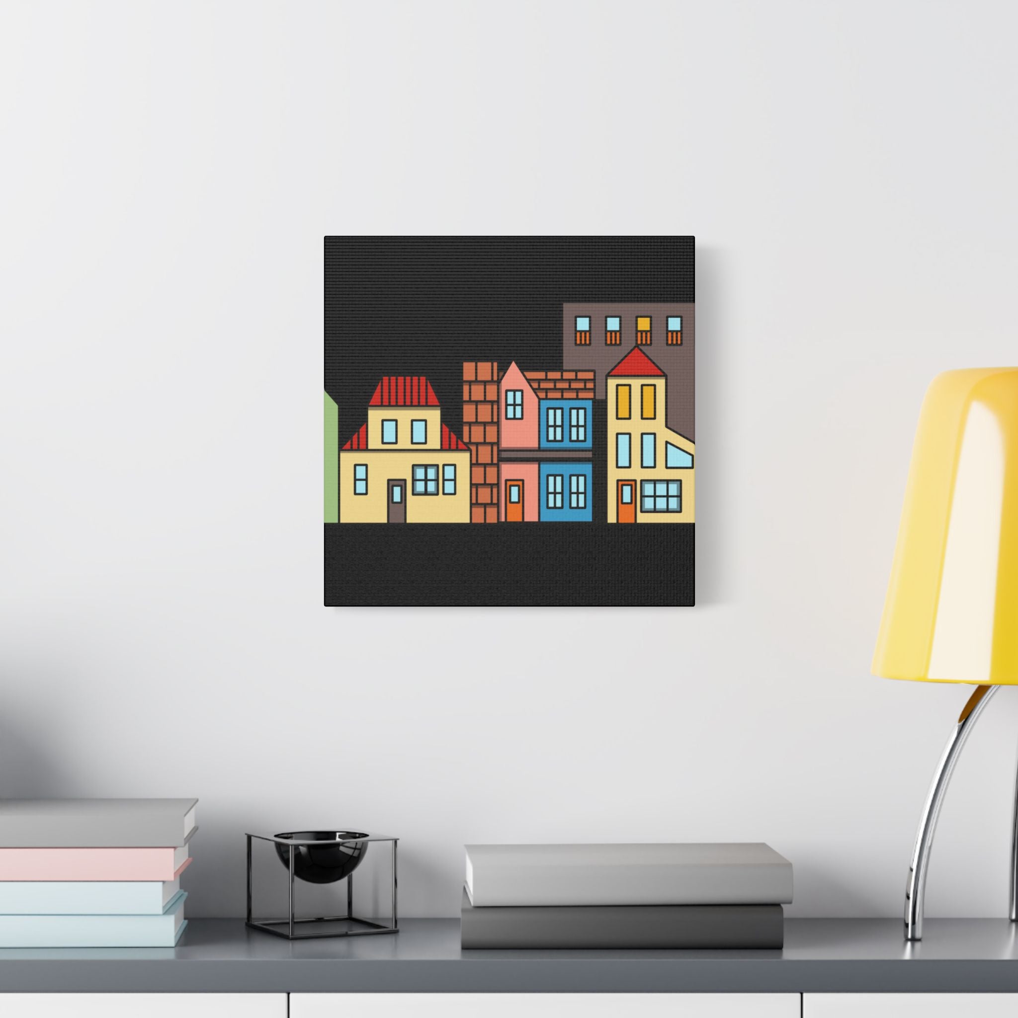 Colorful Row Houses Satin Canvas Wall Art — Stretched Cityscape Print