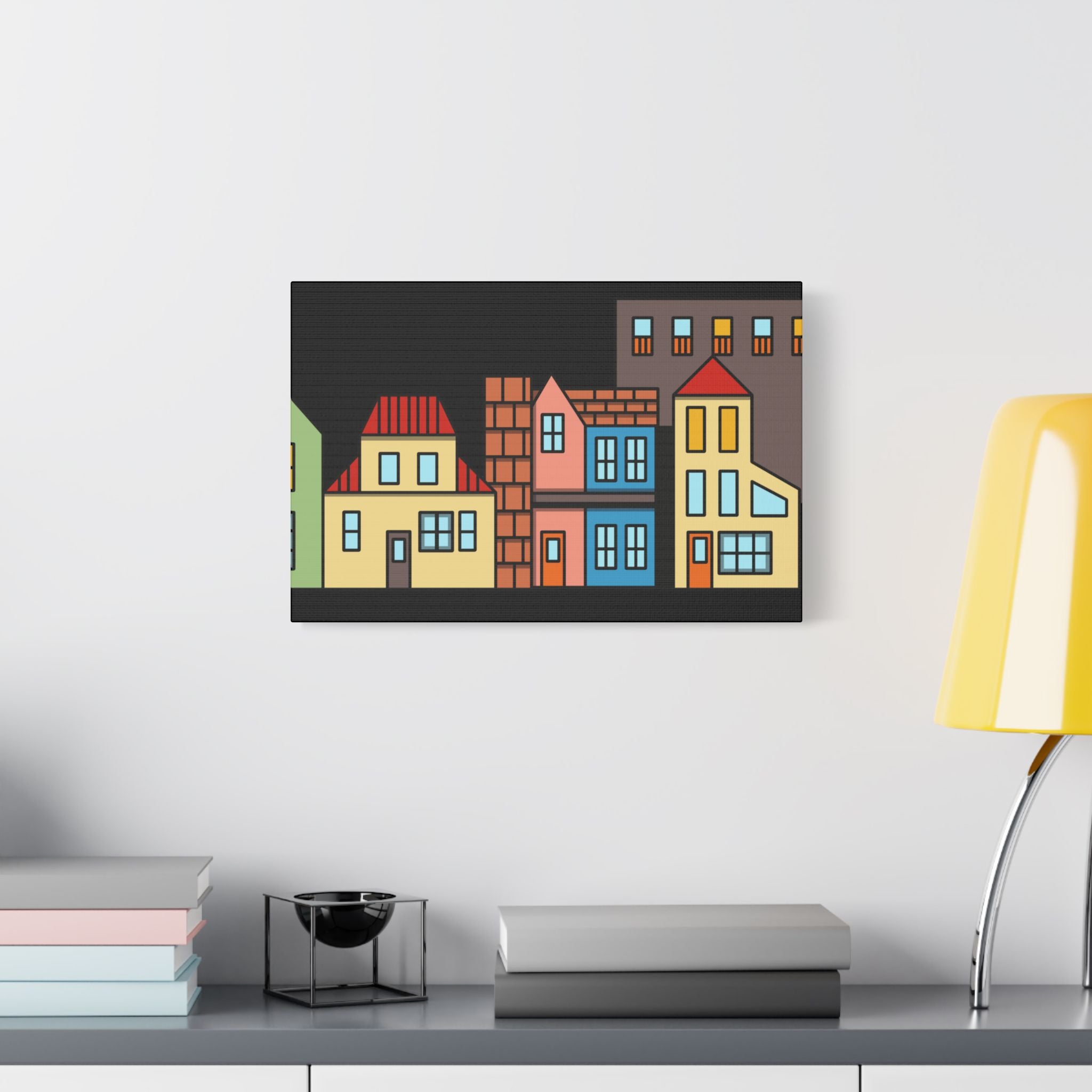 Colorful Row Houses Satin Canvas Wall Art — Stretched Cityscape Print