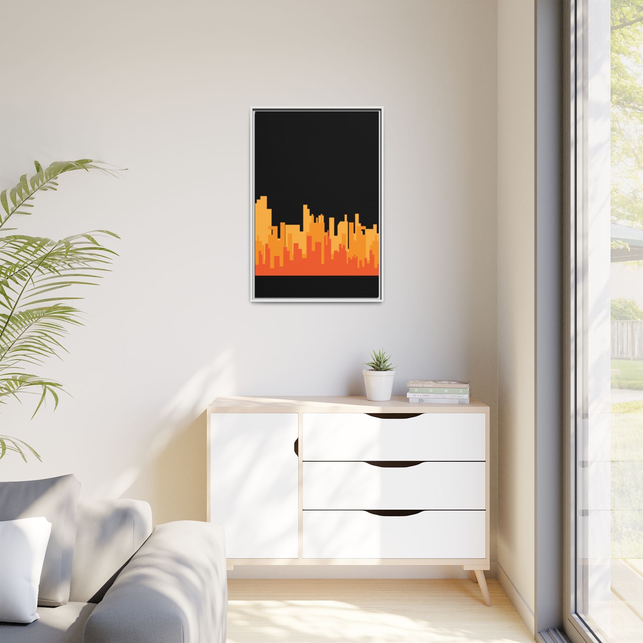 City Skyline Matte Canvas Print — Modern Pixelated Orange Urban Art (Framed)