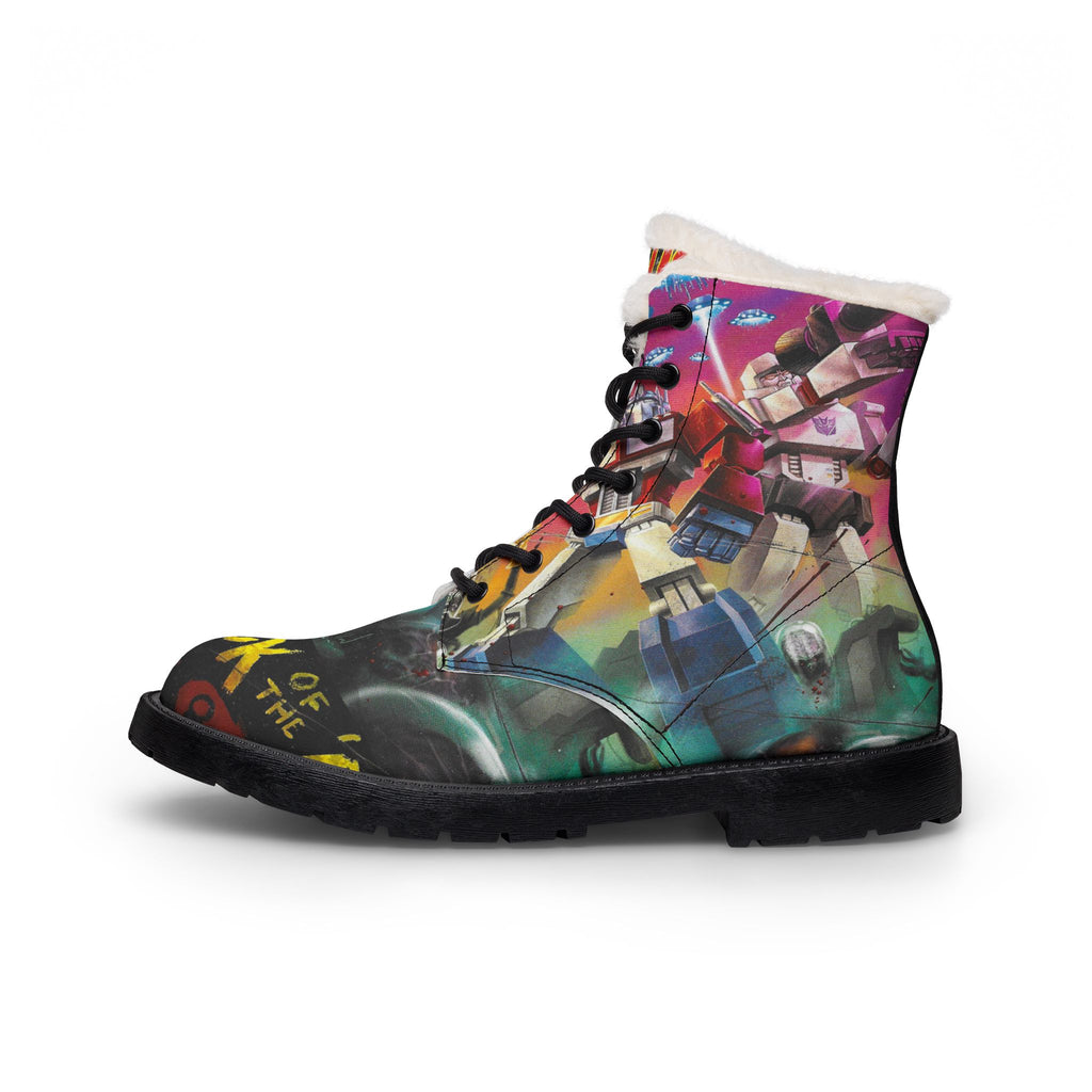 Women Fur-Lined Leather Boots — Fiery Mars Attack Transformers Comic Print