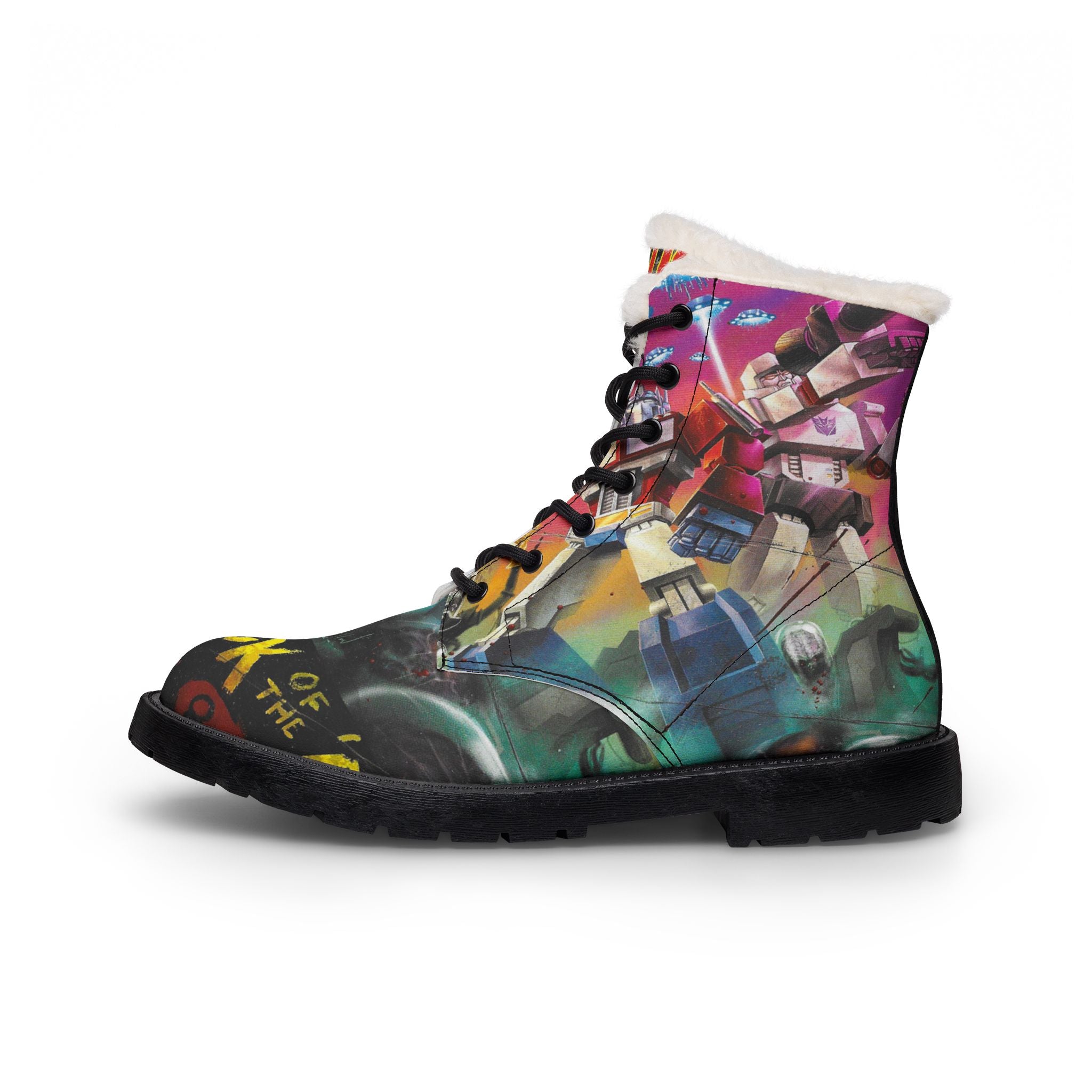 Women Fur-Lined Leather Boots — Fiery Mars Attack Transformers Comic Print