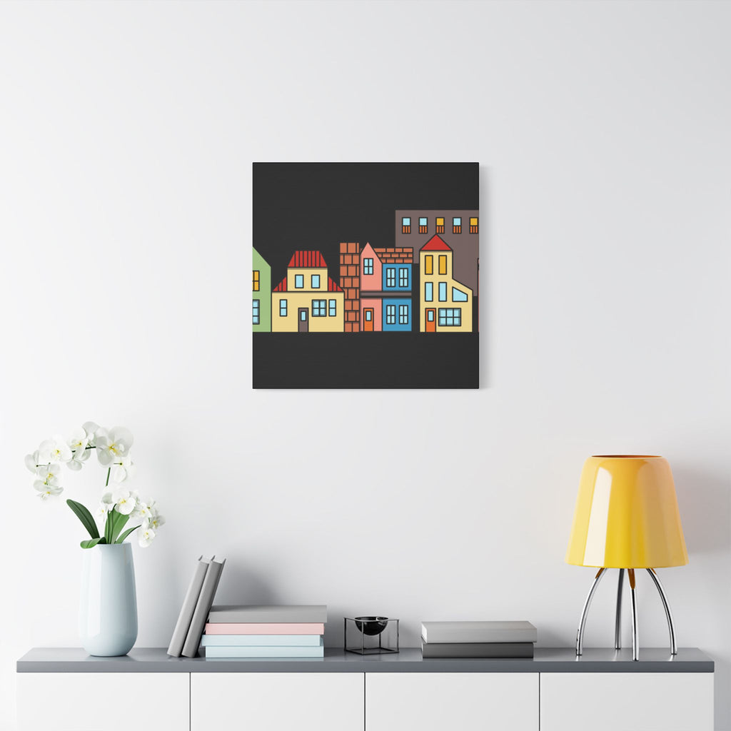 Colorful Row Houses Satin Canvas Wall Art — Stretched Cityscape Print