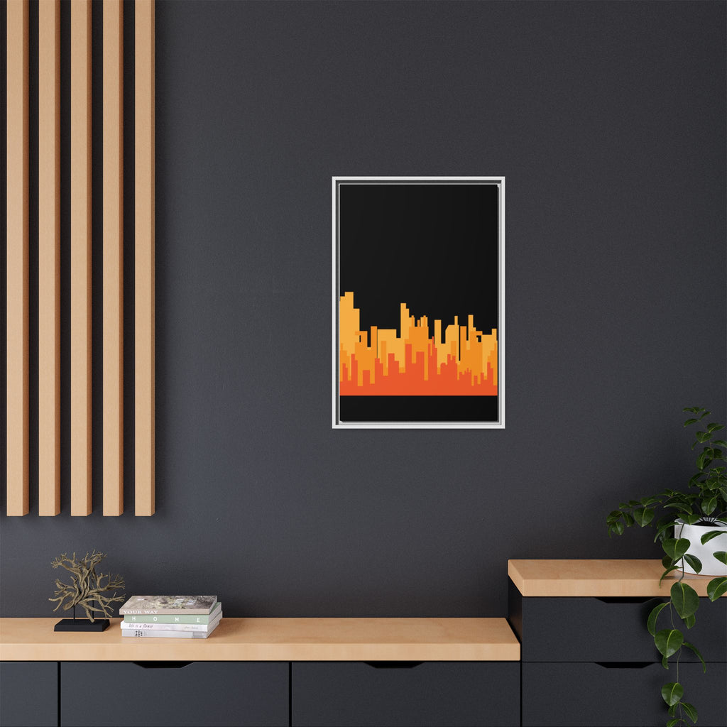 City Skyline Matte Canvas Print — Modern Pixelated Orange Urban Art (Framed)