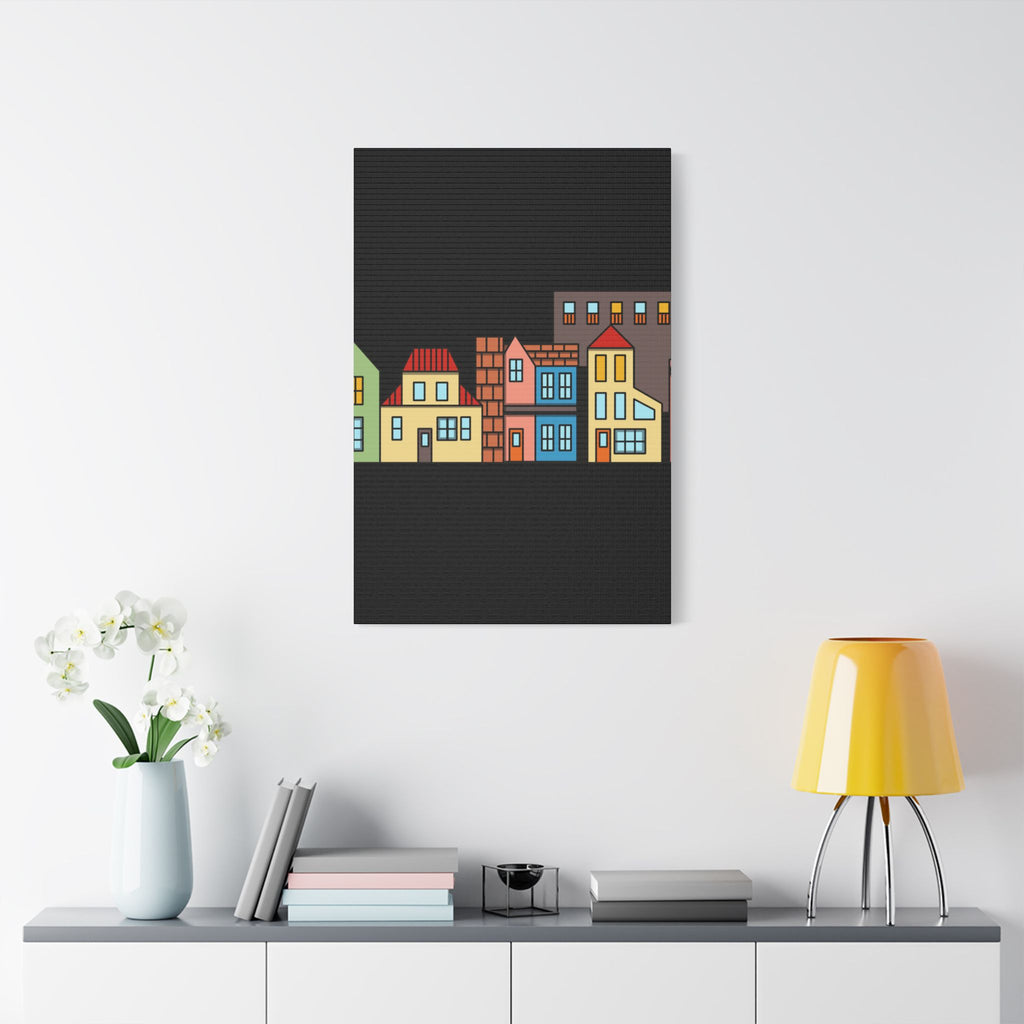 Colorful Row Houses Satin Canvas Wall Art — Stretched Cityscape Print