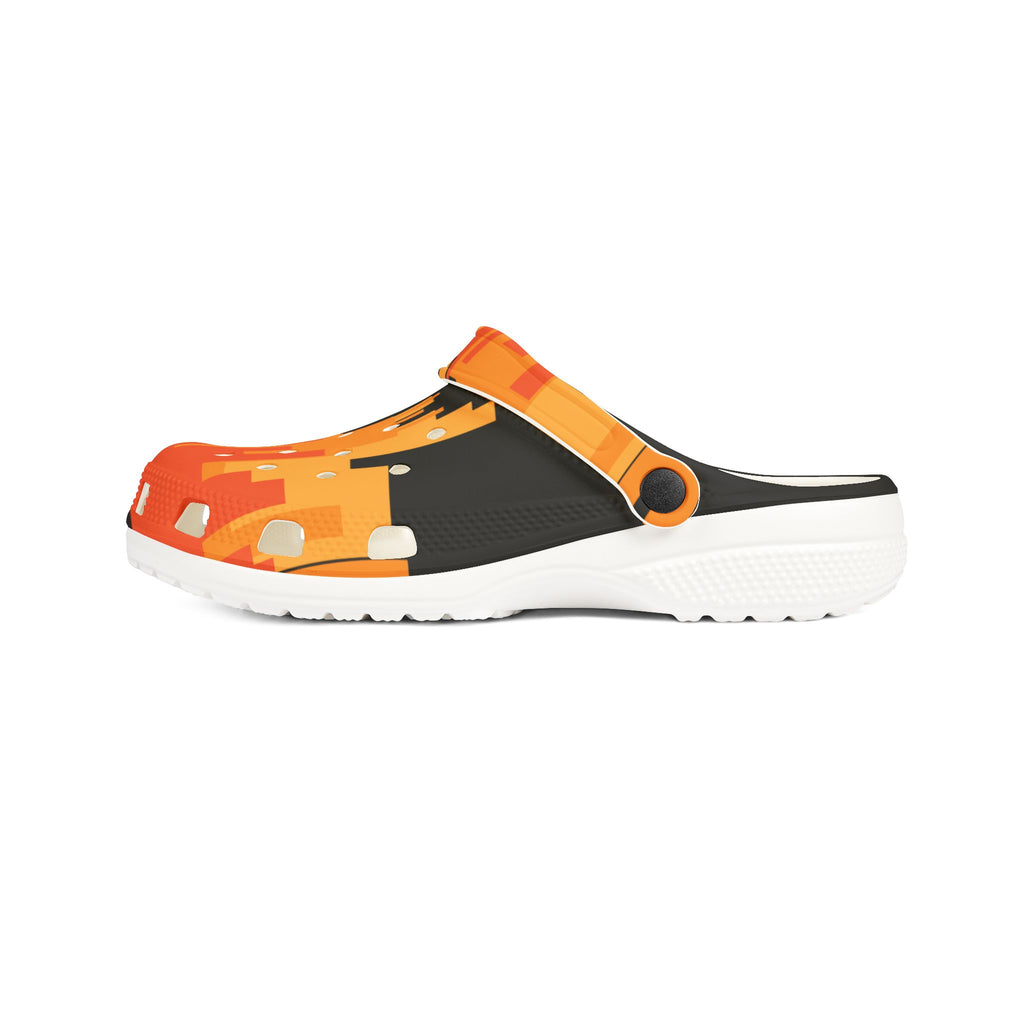 Vibrant Orange City Scape on Black Slide-On EVA Foam Shoes