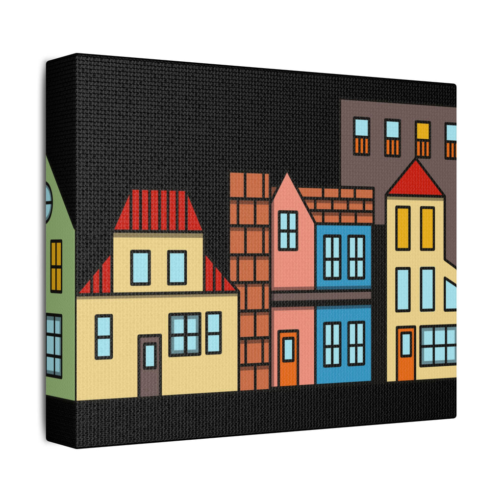 Colorful Row Houses Satin Canvas Wall Art — Stretched Cityscape Print