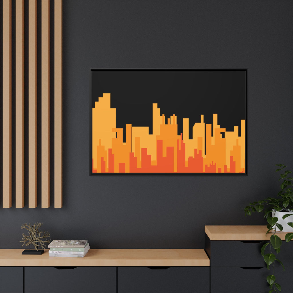City Skyline Matte Canvas Print — Modern Pixelated Orange Urban Art (Framed)