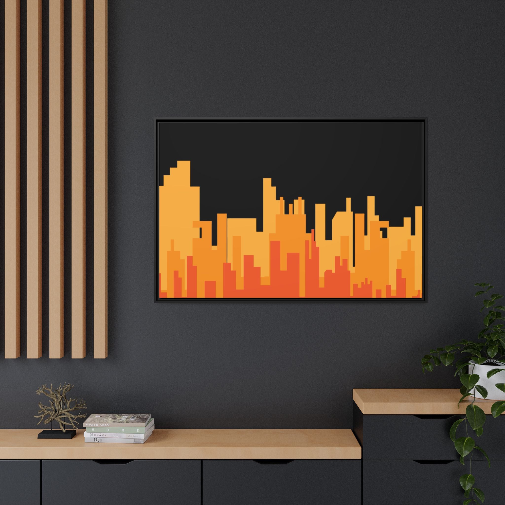 City Skyline Matte Canvas Print — Modern Pixelated Orange Urban Art (Framed)
