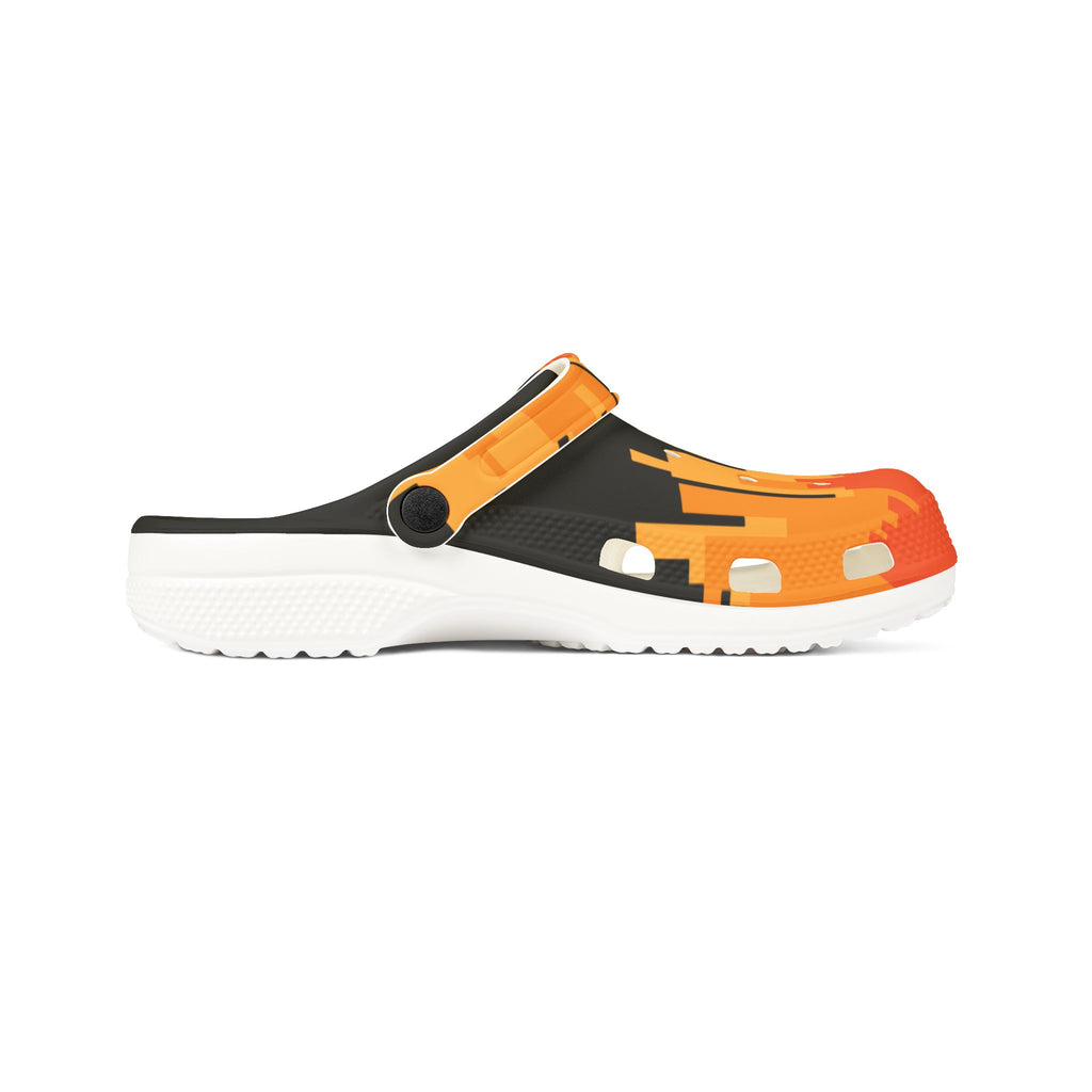 Vibrant Orange City Scape on Black Slide-On EVA Foam Shoes
