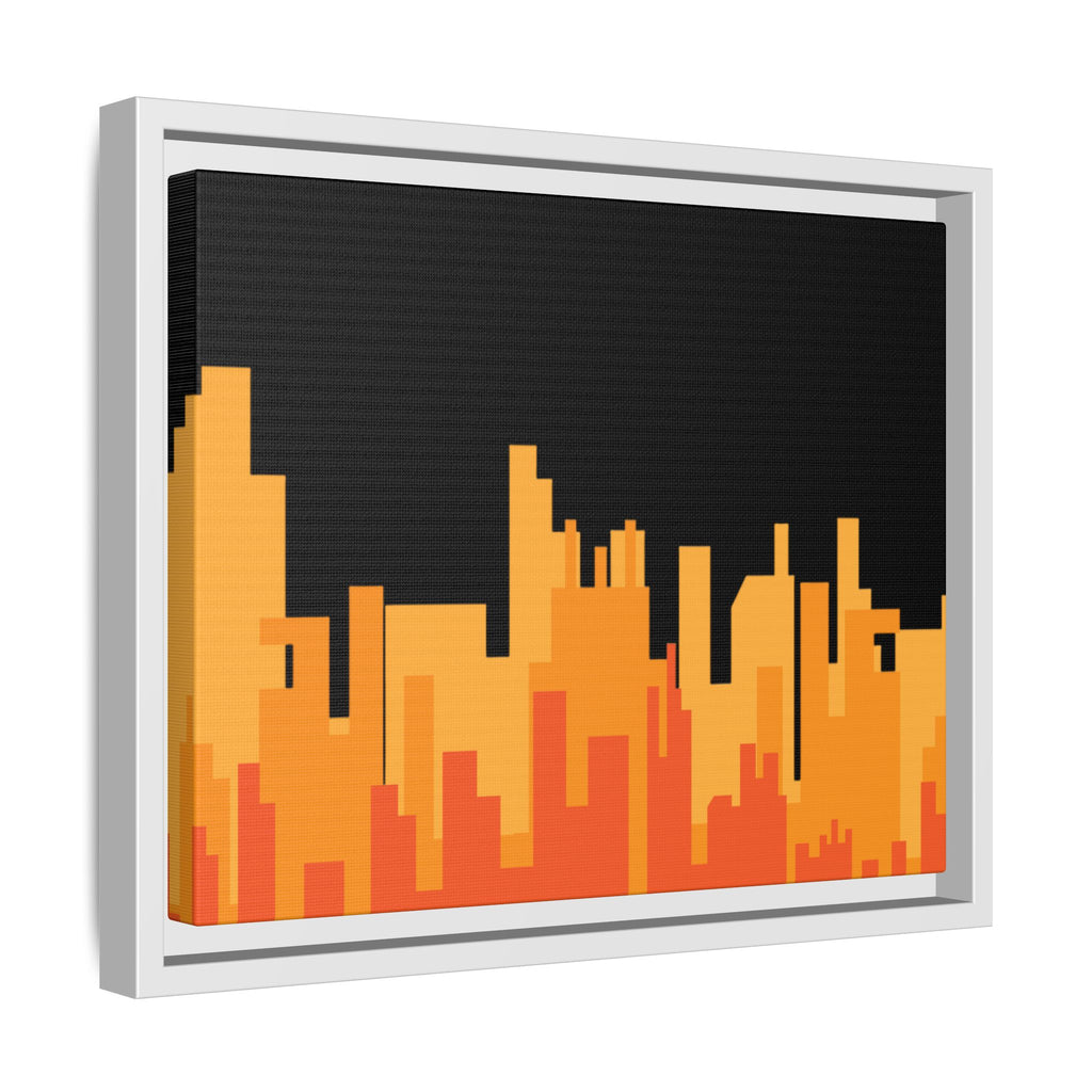 City Skyline Matte Canvas Print — Modern Pixelated Orange Urban Art (Framed)