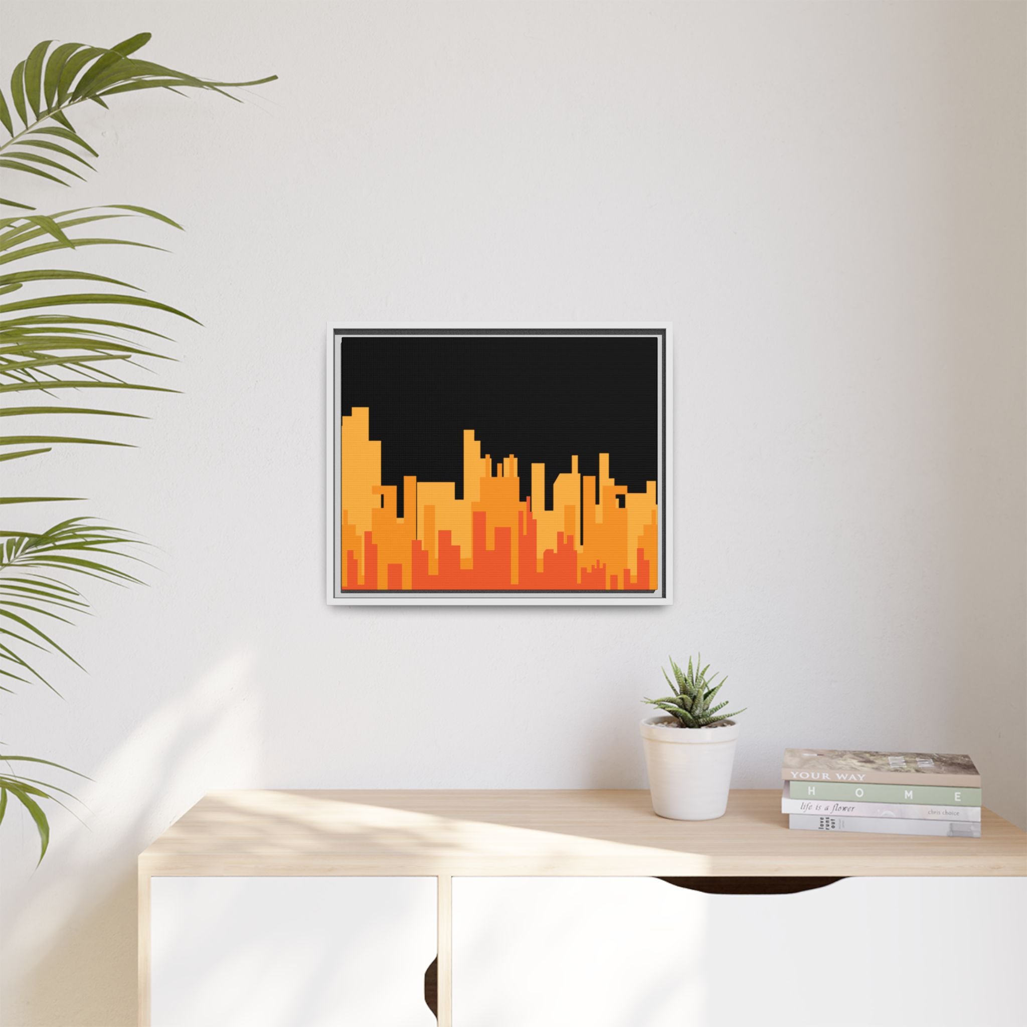 City Skyline Matte Canvas Print — Modern Pixelated Orange Urban Art (Framed)