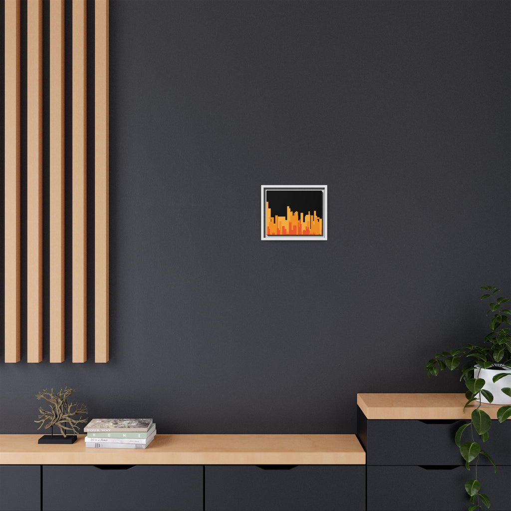City Skyline Matte Canvas Print — Modern Pixelated Orange Urban Art (Framed)