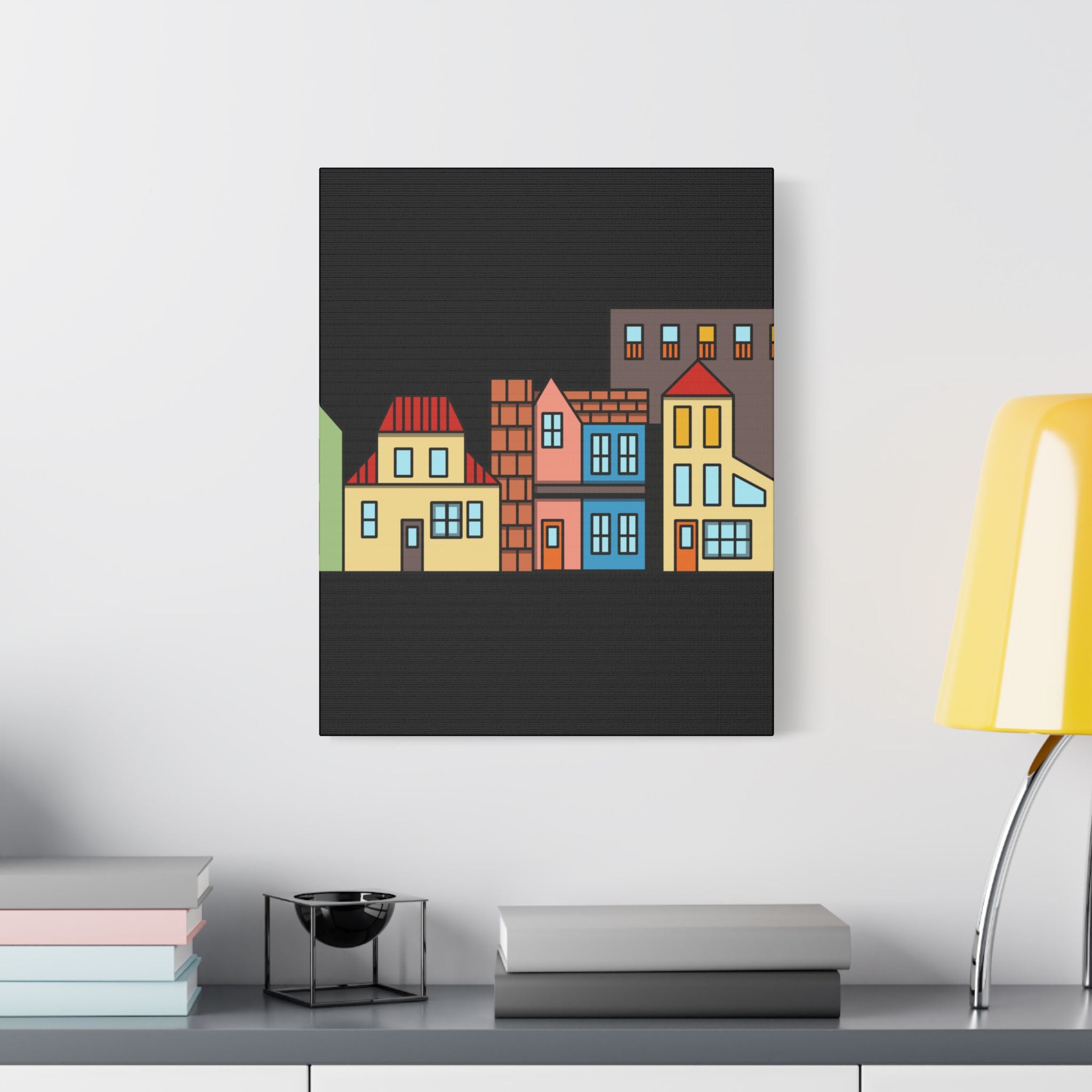 Colorful Row Houses Satin Canvas Wall Art — Stretched Cityscape Print