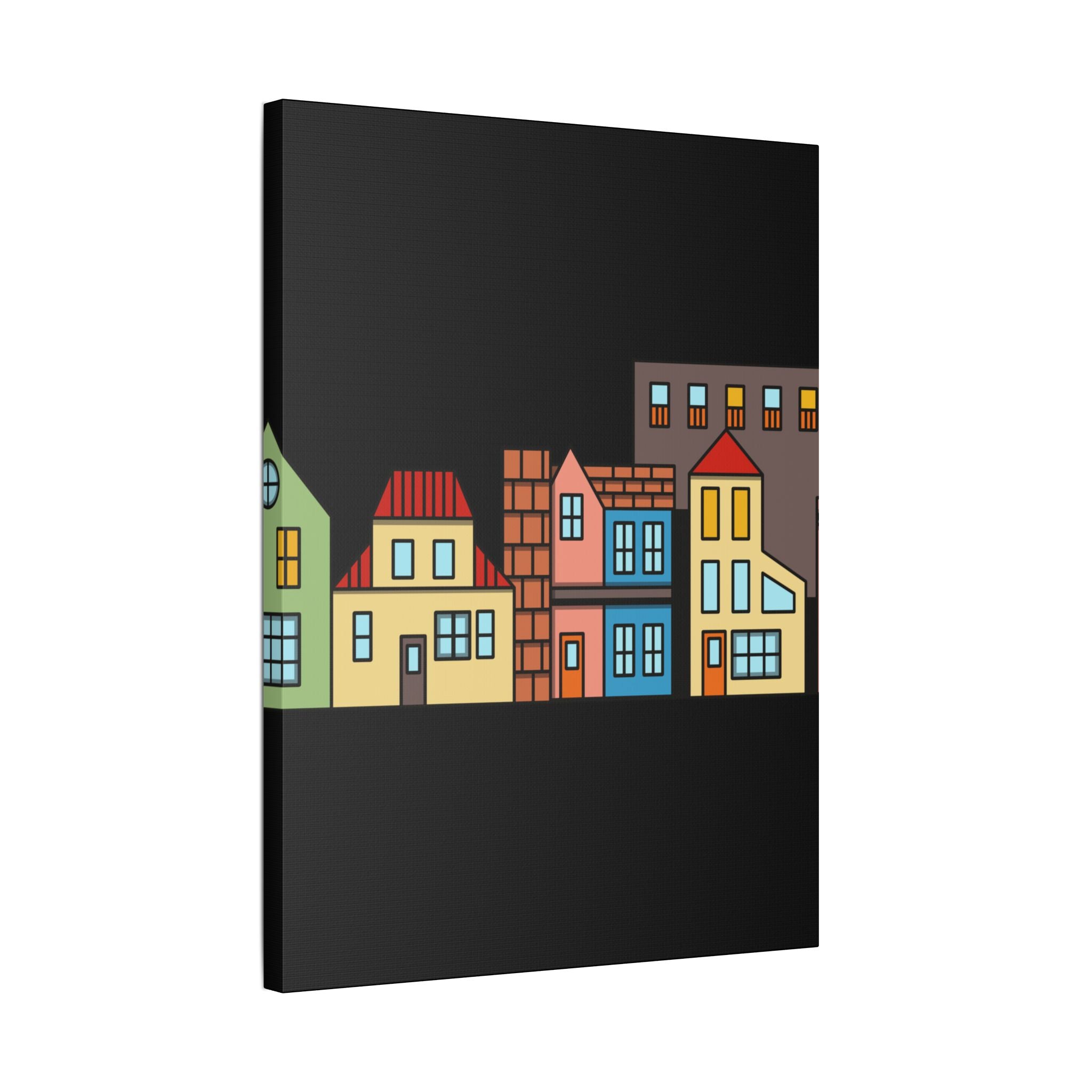 Colorful Row Houses Satin Canvas Wall Art — Stretched Cityscape Print