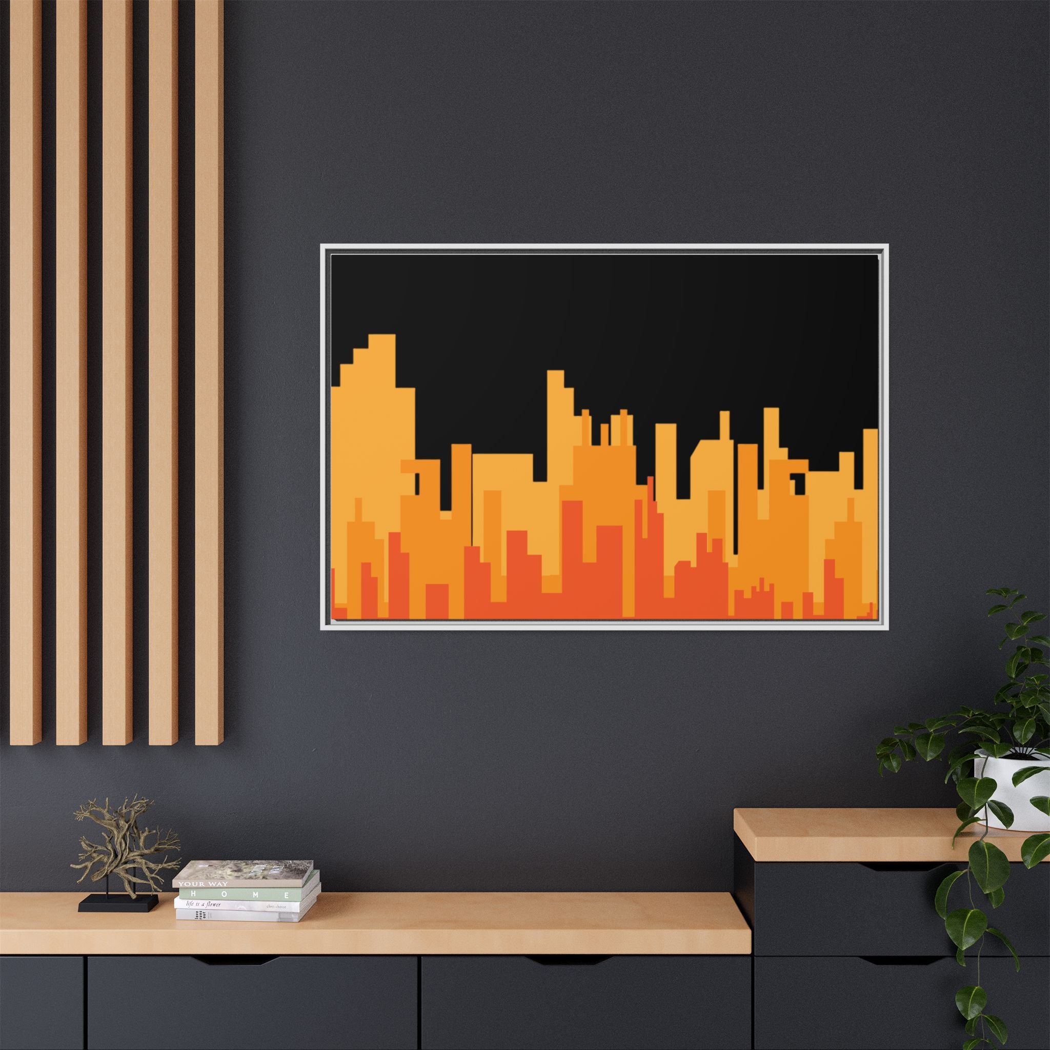 City Skyline Matte Canvas Print — Modern Pixelated Orange Urban Art (Framed)