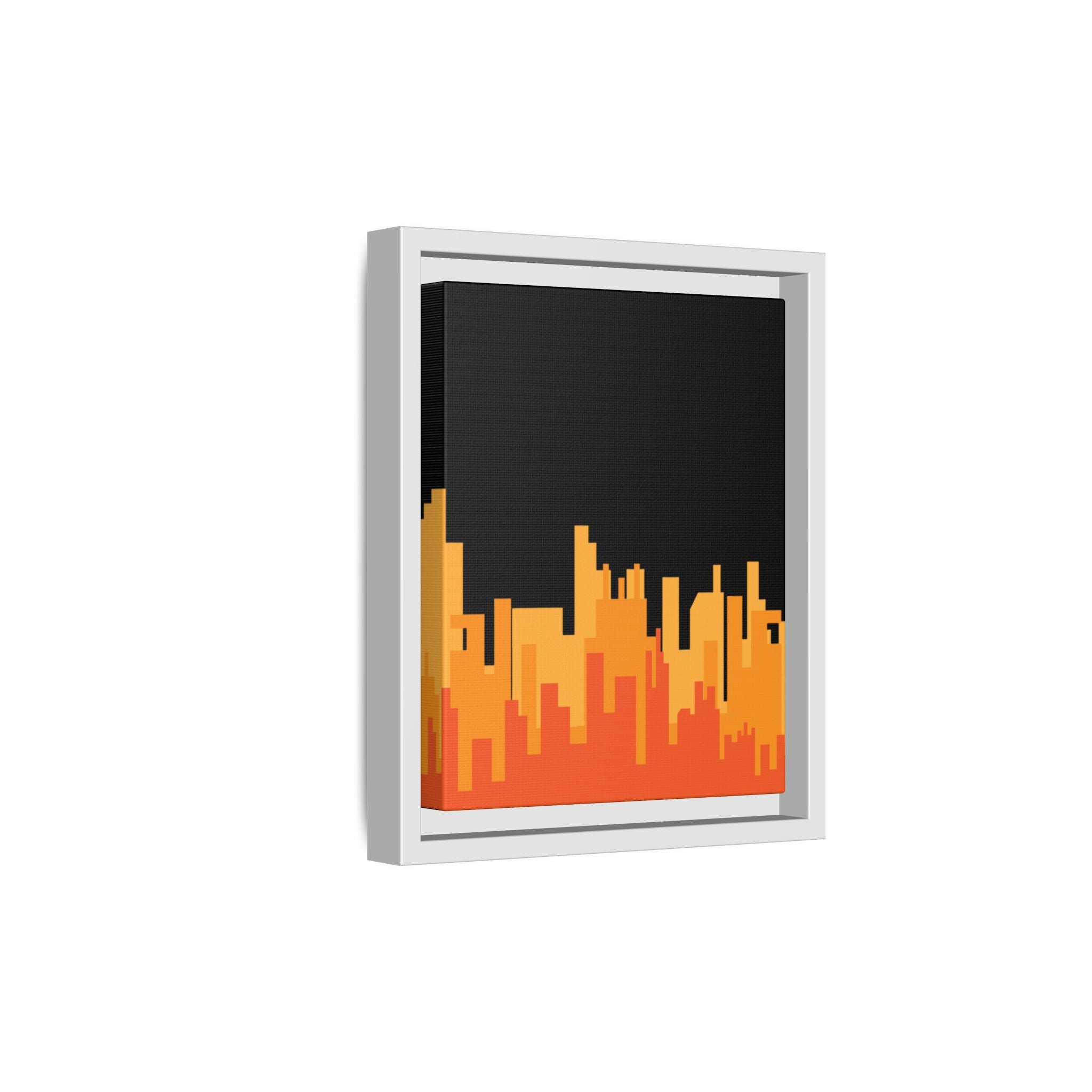 City Skyline Matte Canvas Print — Modern Pixelated Orange Urban Art (Framed)