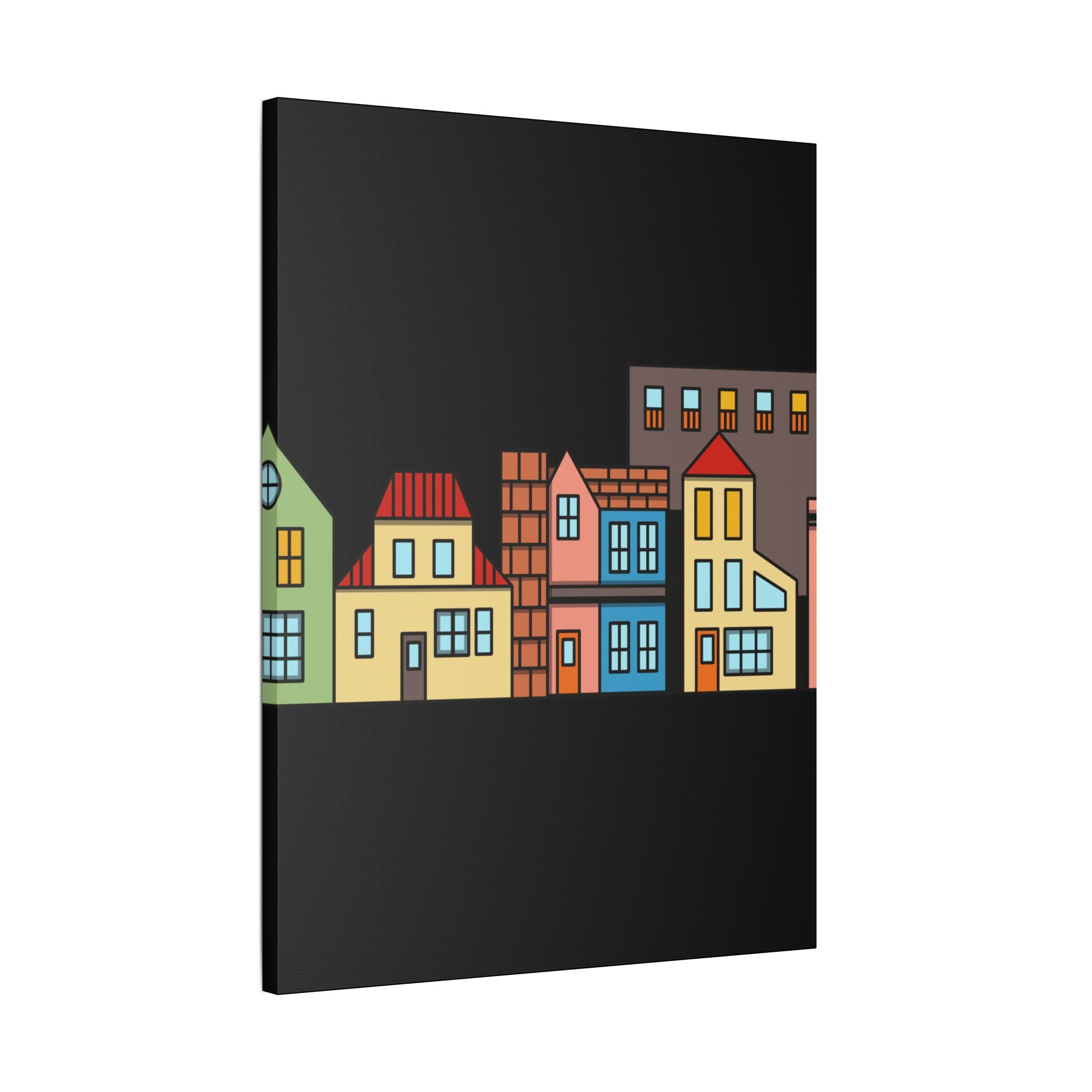 Colorful Row Houses Satin Canvas Wall Art — Stretched Cityscape Print