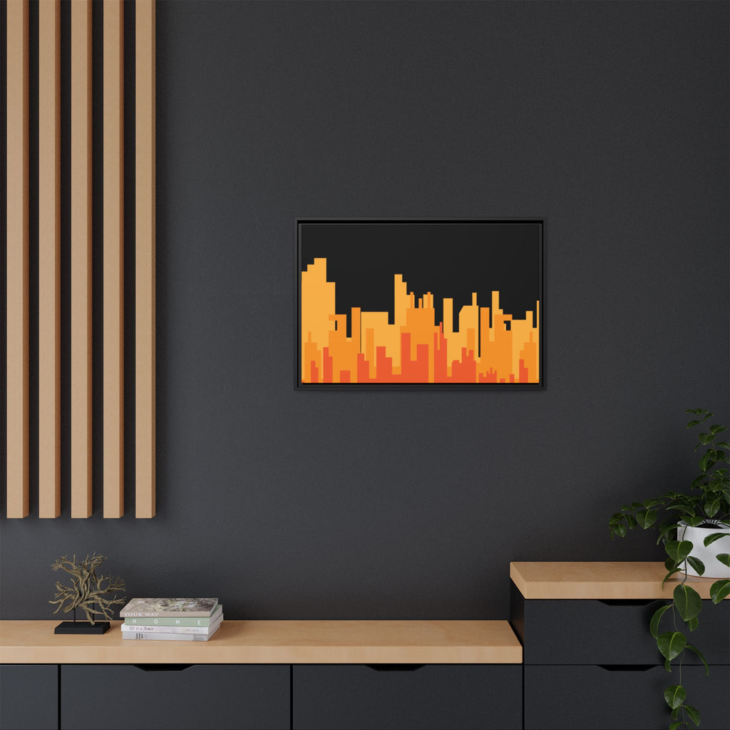 City Skyline Matte Canvas Print — Modern Pixelated Orange Urban Art (Framed)