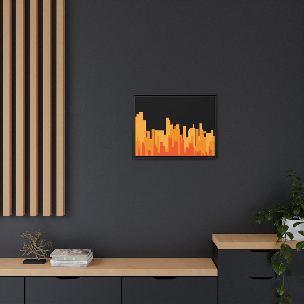 City Skyline Matte Canvas Print — Modern Pixelated Orange Urban Art (Framed)