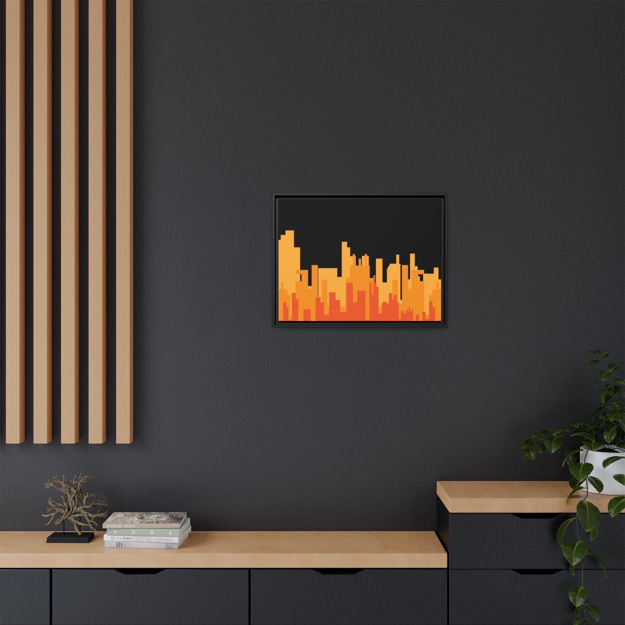 City Skyline Matte Canvas Print — Modern Pixelated Orange Urban Art (Framed)