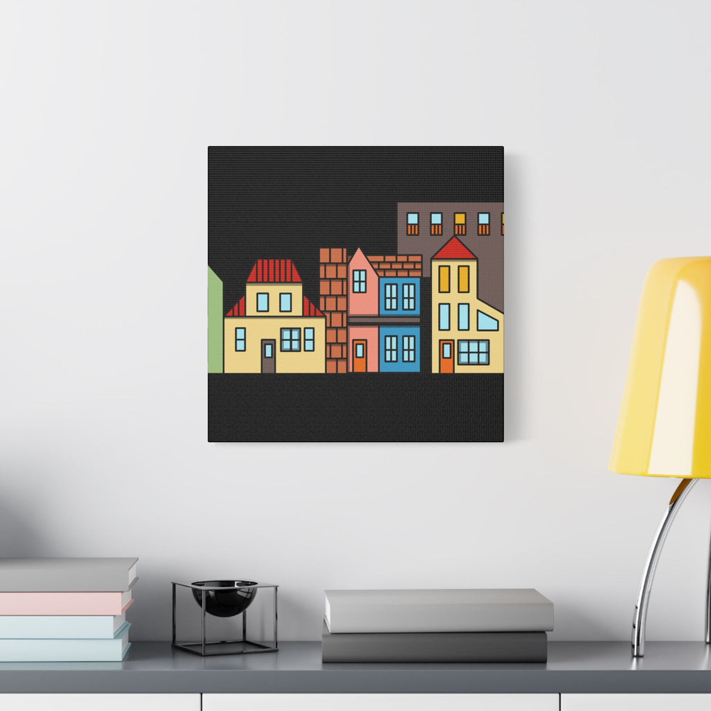 Colorful Row Houses Satin Canvas Wall Art — Stretched Cityscape Print