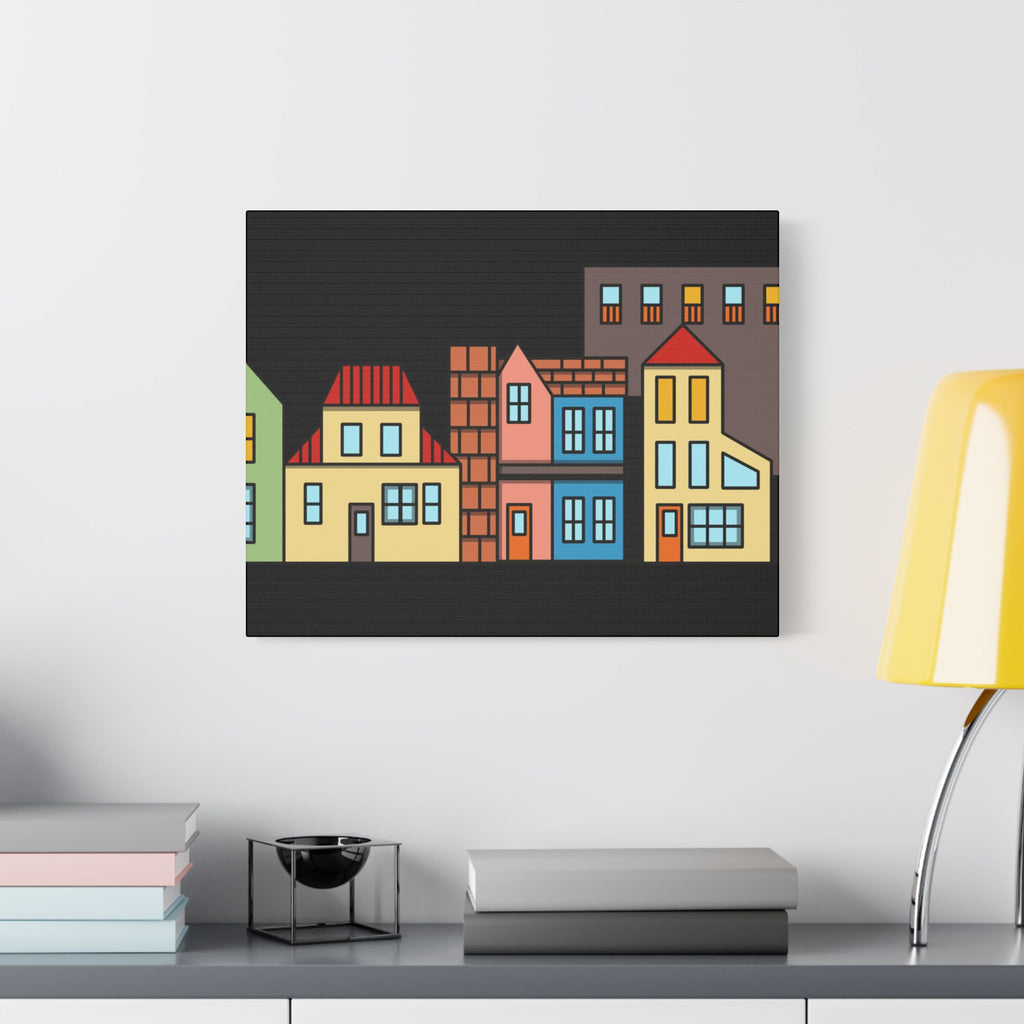 Colorful Row Houses Satin Canvas Wall Art — Stretched Cityscape Print