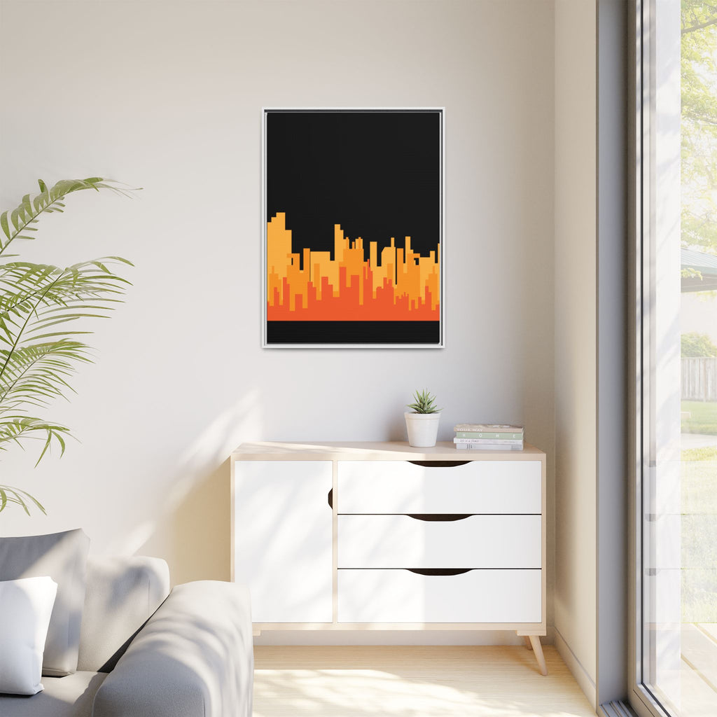 City Skyline Matte Canvas Print — Modern Pixelated Orange Urban Art (Framed)