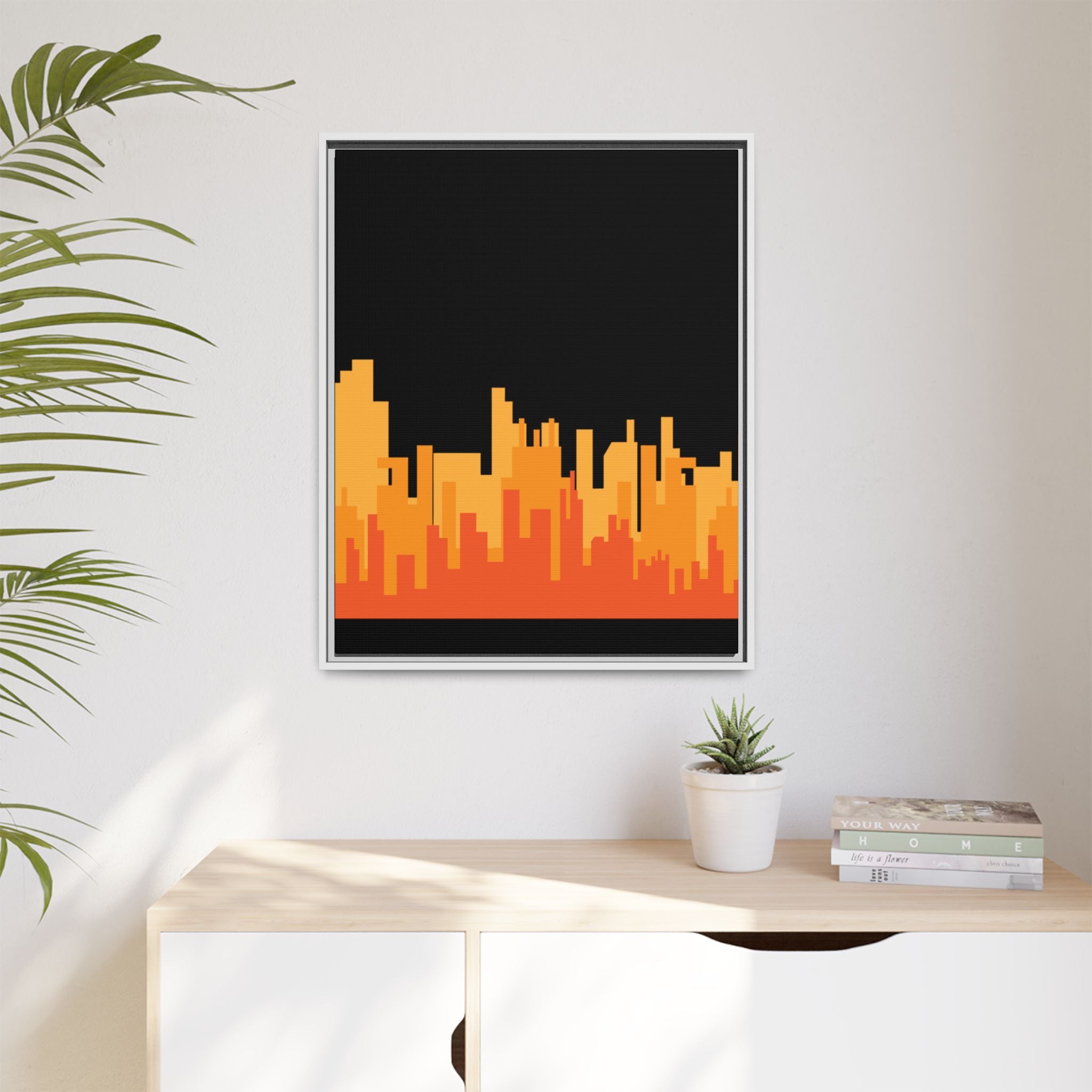 City Skyline Matte Canvas Print — Modern Pixelated Orange Urban Art (Framed)
