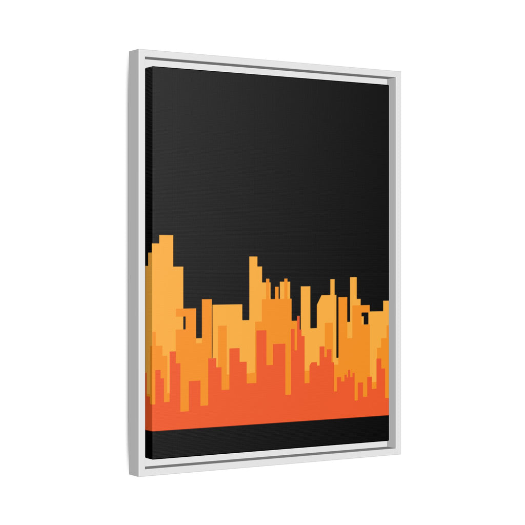 City Skyline Matte Canvas Print — Modern Pixelated Orange Urban Art (Framed)
