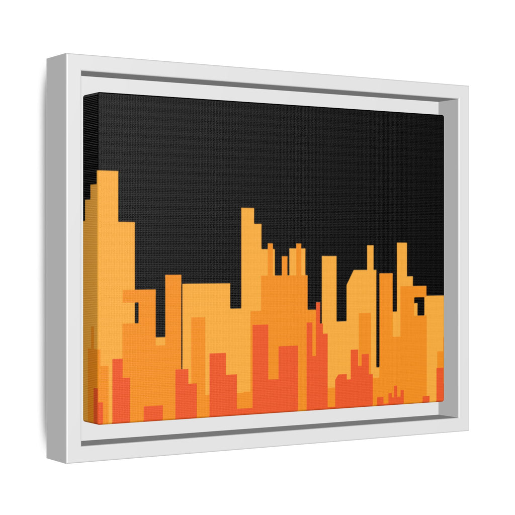 City Skyline Matte Canvas Print — Modern Pixelated Orange Urban Art (Framed)