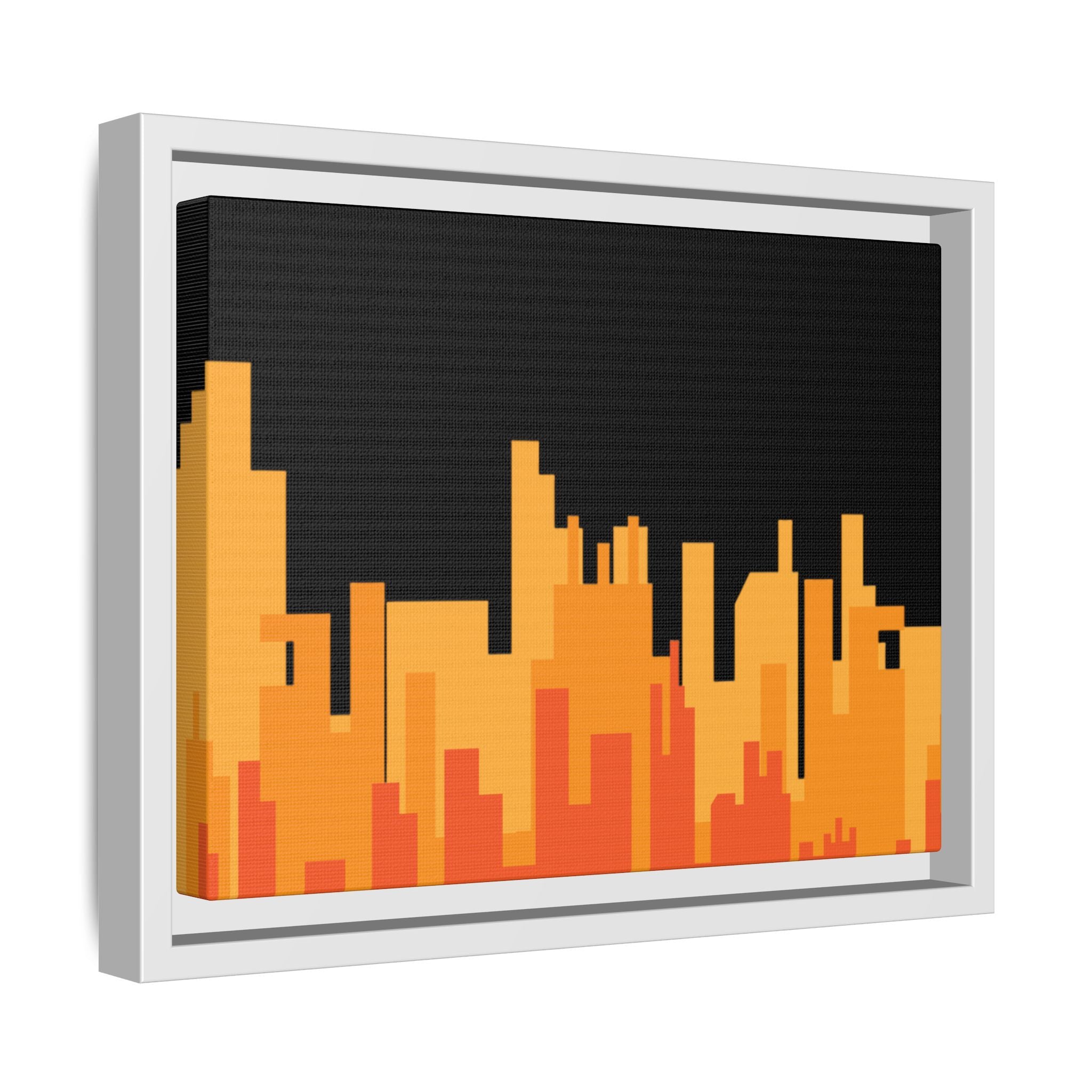 City Skyline Matte Canvas Print — Modern Pixelated Orange Urban Art (Framed)