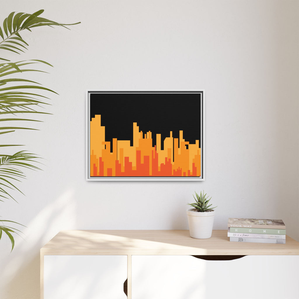 City Skyline Matte Canvas Print — Modern Pixelated Orange Urban Art (Framed)