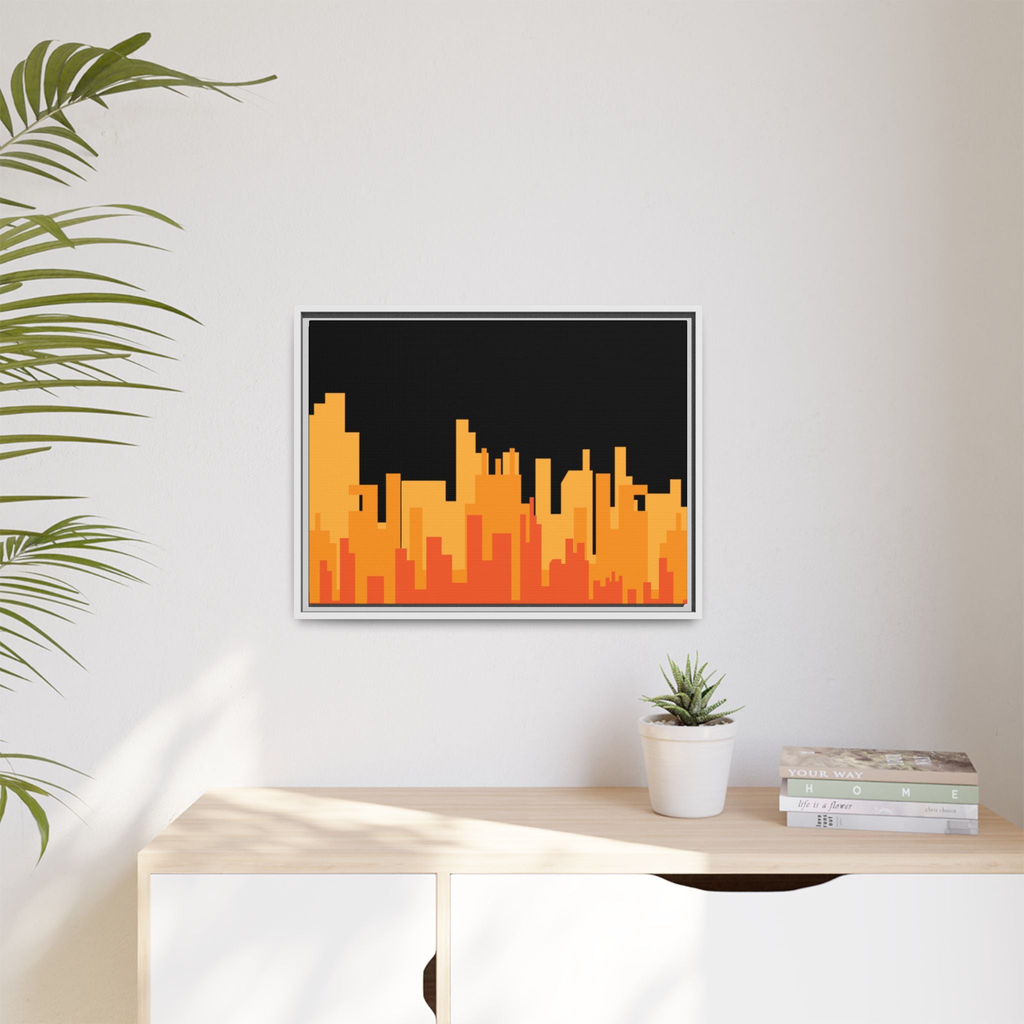 City Skyline Matte Canvas Print — Modern Pixelated Orange Urban Art (Framed)