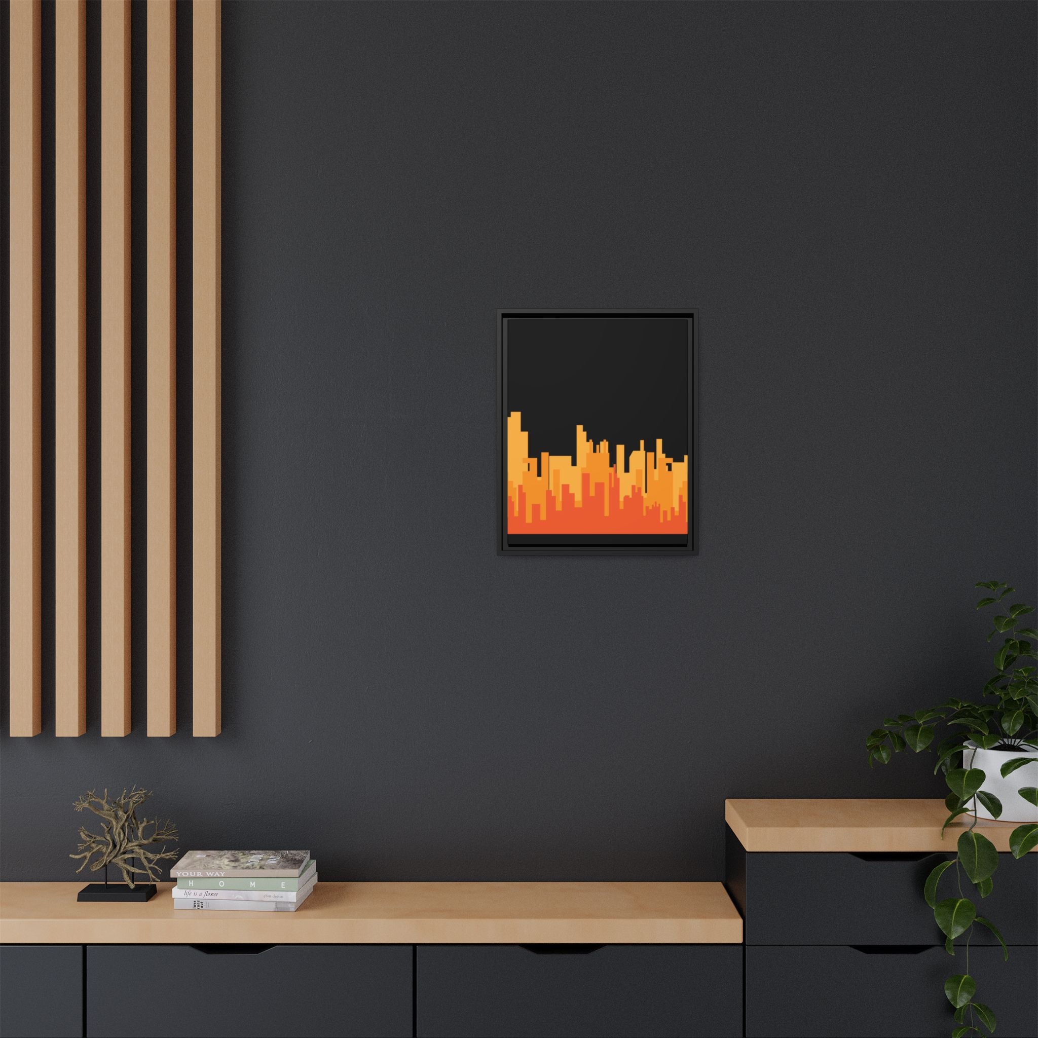 City Skyline Matte Canvas Print — Modern Pixelated Orange Urban Art (Framed)