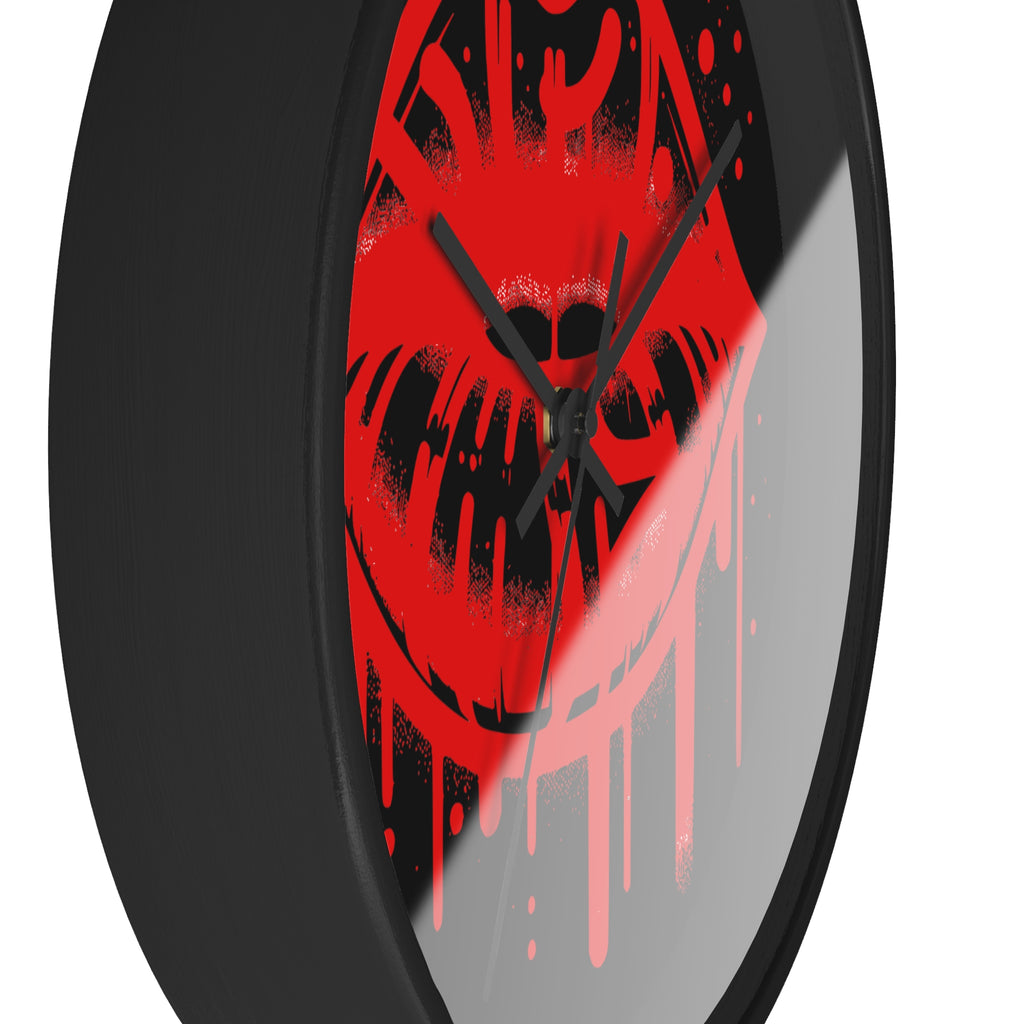 Red Graffiti Kiss Wall Clock on Black— Bold Drip Lip Art Clock