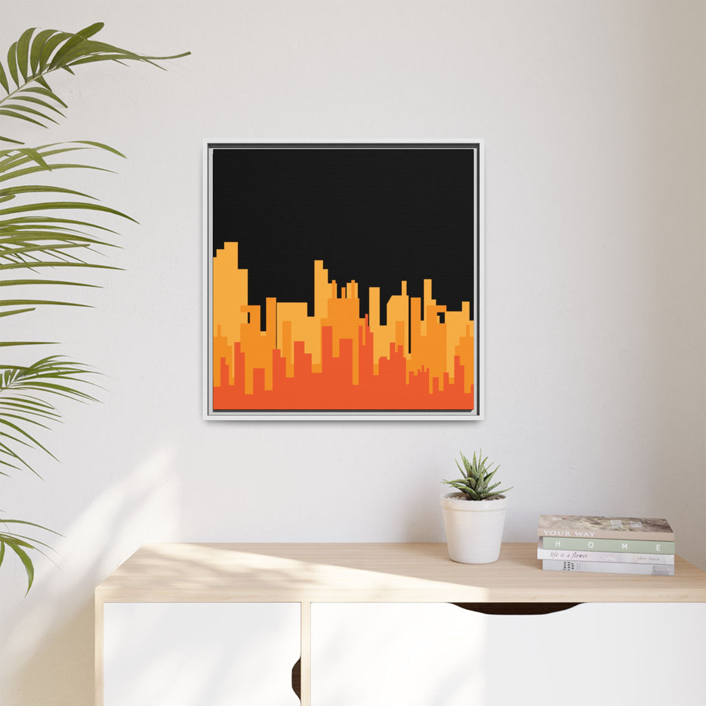 City Skyline Matte Canvas Print — Modern Pixelated Orange Urban Art (Framed)