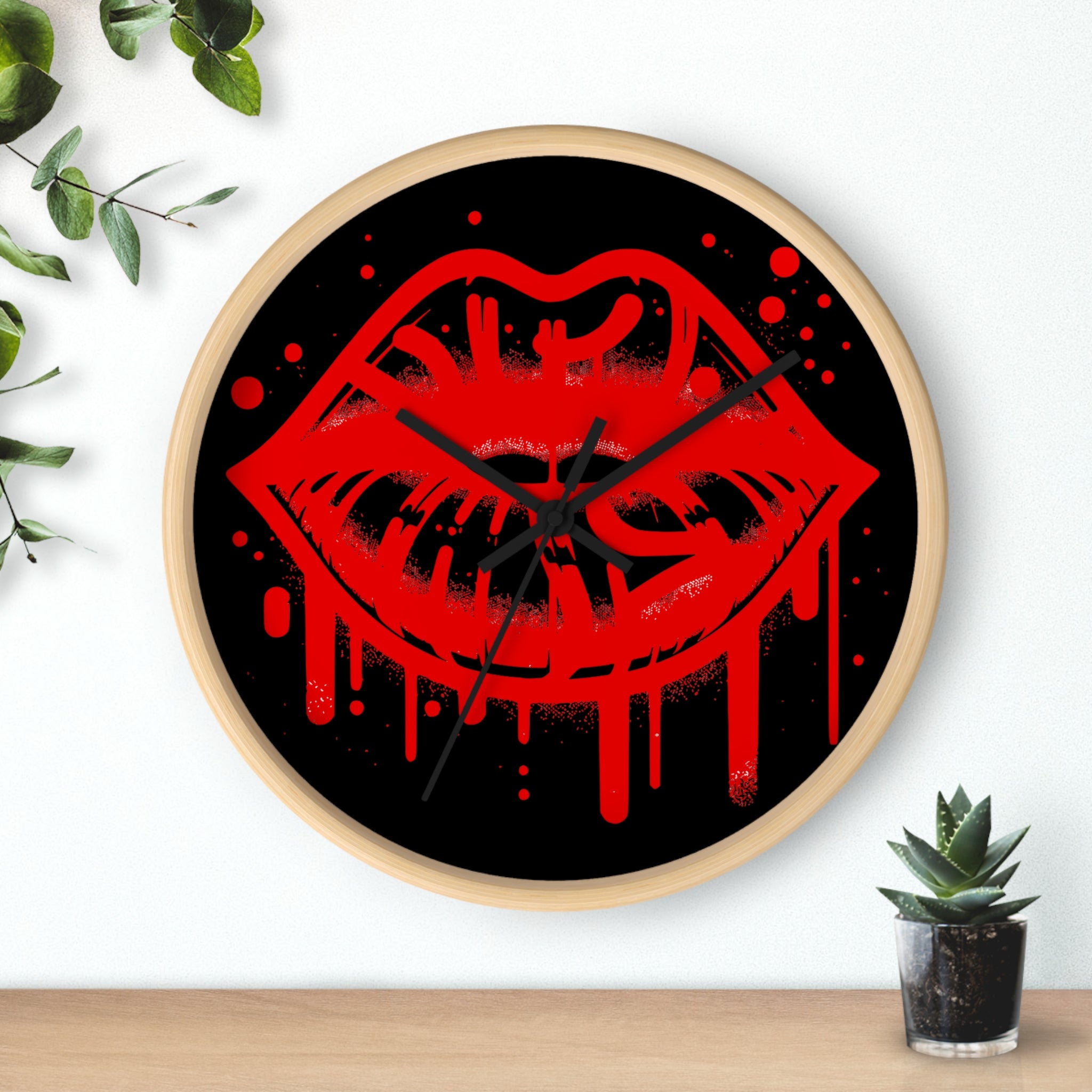 Red Graffiti Kiss Wall Clock on Black— Bold Drip Lip Art Clock