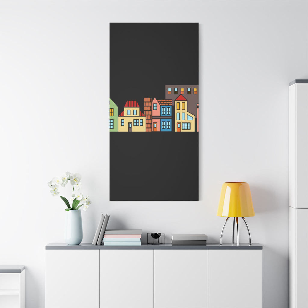 Colorful Row Houses Satin Canvas Wall Art — Stretched Cityscape Print