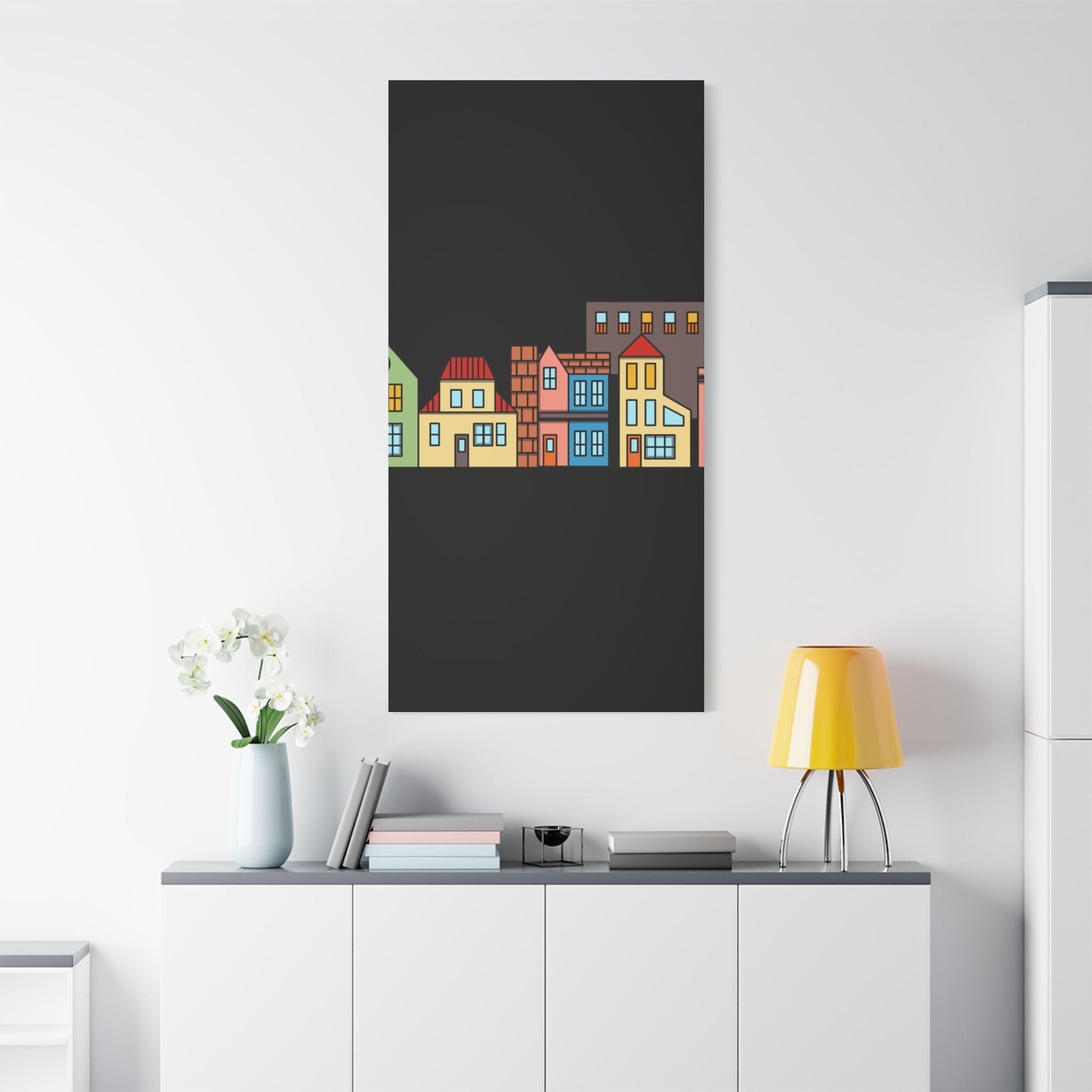Colorful Row Houses Satin Canvas Wall Art — Stretched Cityscape Print