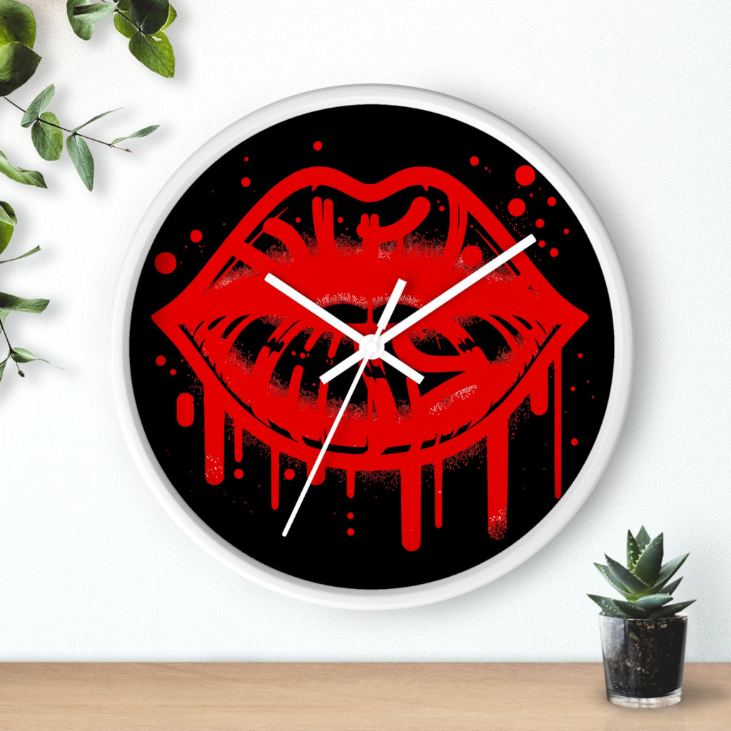 Red Graffiti Kiss Wall Clock on Black— Bold Drip Lip Art Clock
