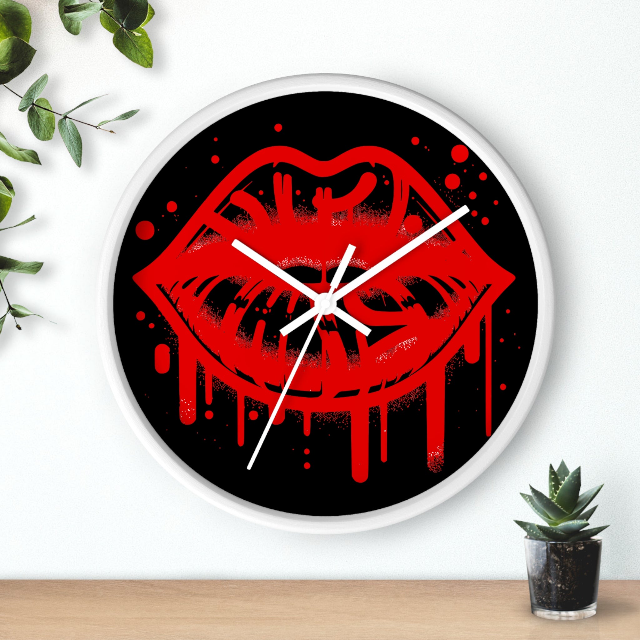 Red Graffiti Kiss Wall Clock on Black— Bold Drip Lip Art Clock