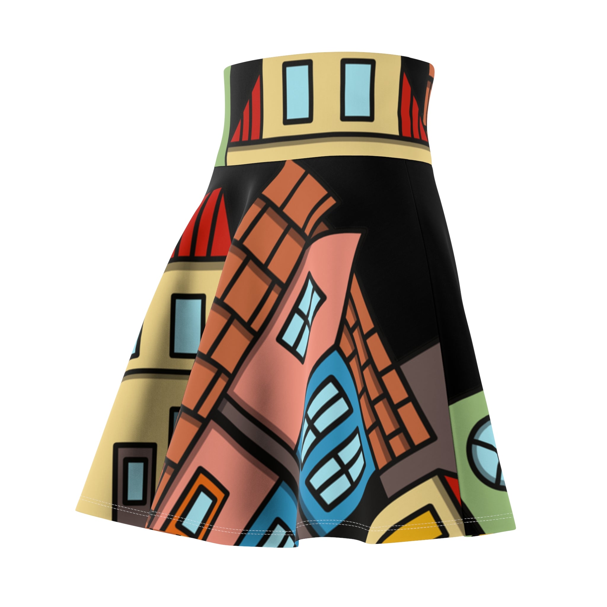 Black Whimsical House Print Skater Skirt, Playful Fashion, Casual Wear, Summer Style, Unique Gift, Trendy Outfit