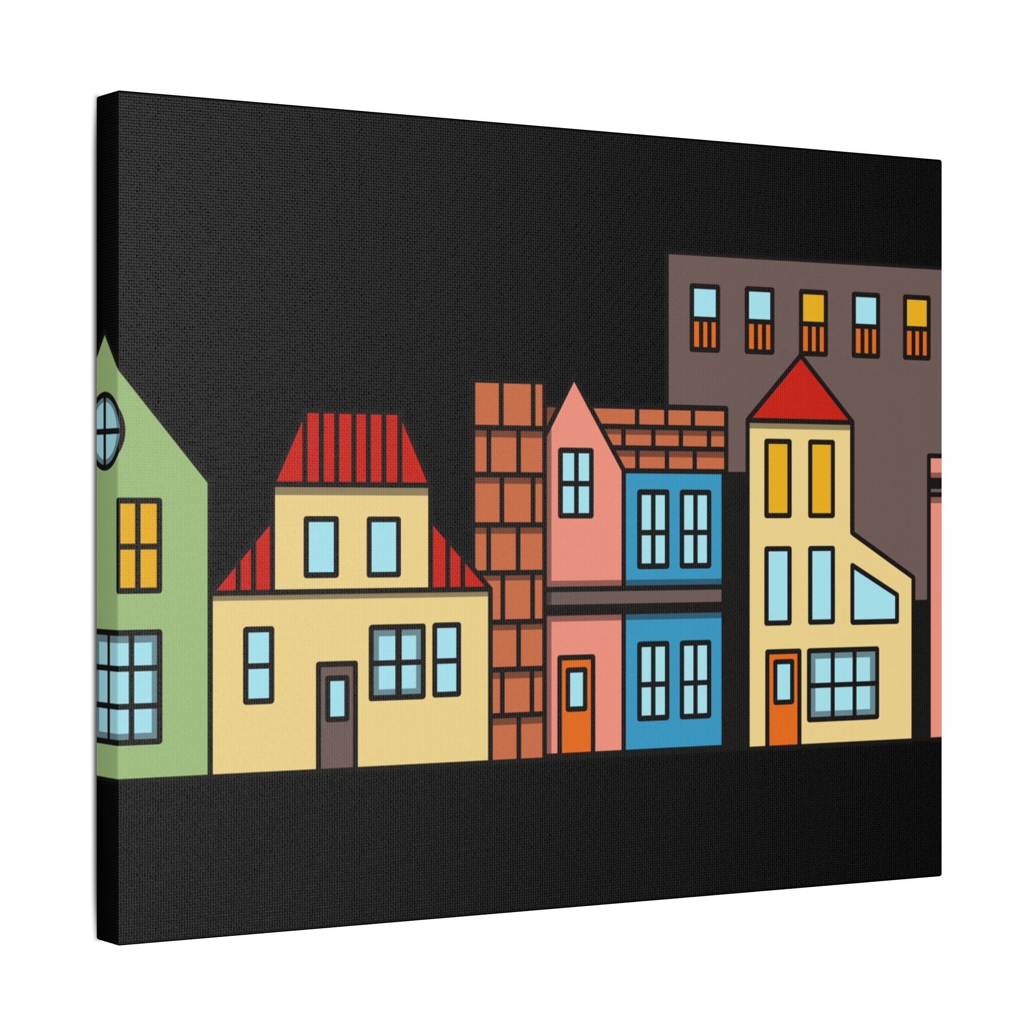 Colorful Row Houses Satin Canvas Wall Art — Stretched Cityscape Print