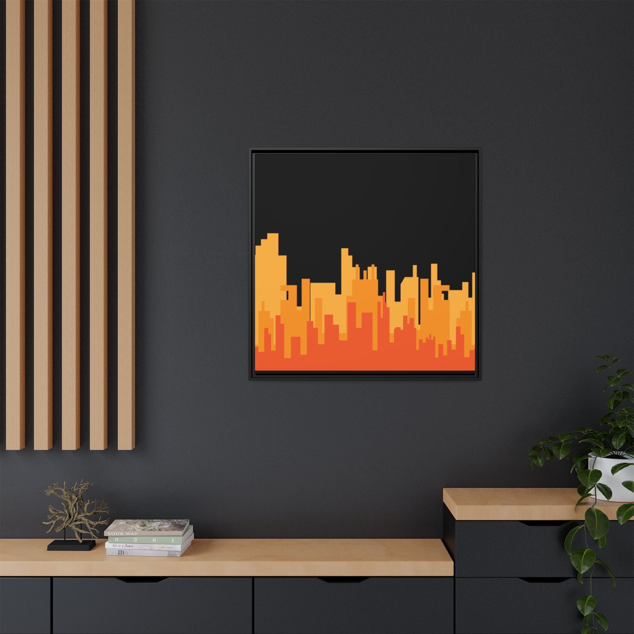 City Skyline Matte Canvas Print — Modern Pixelated Orange Urban Art (Framed)